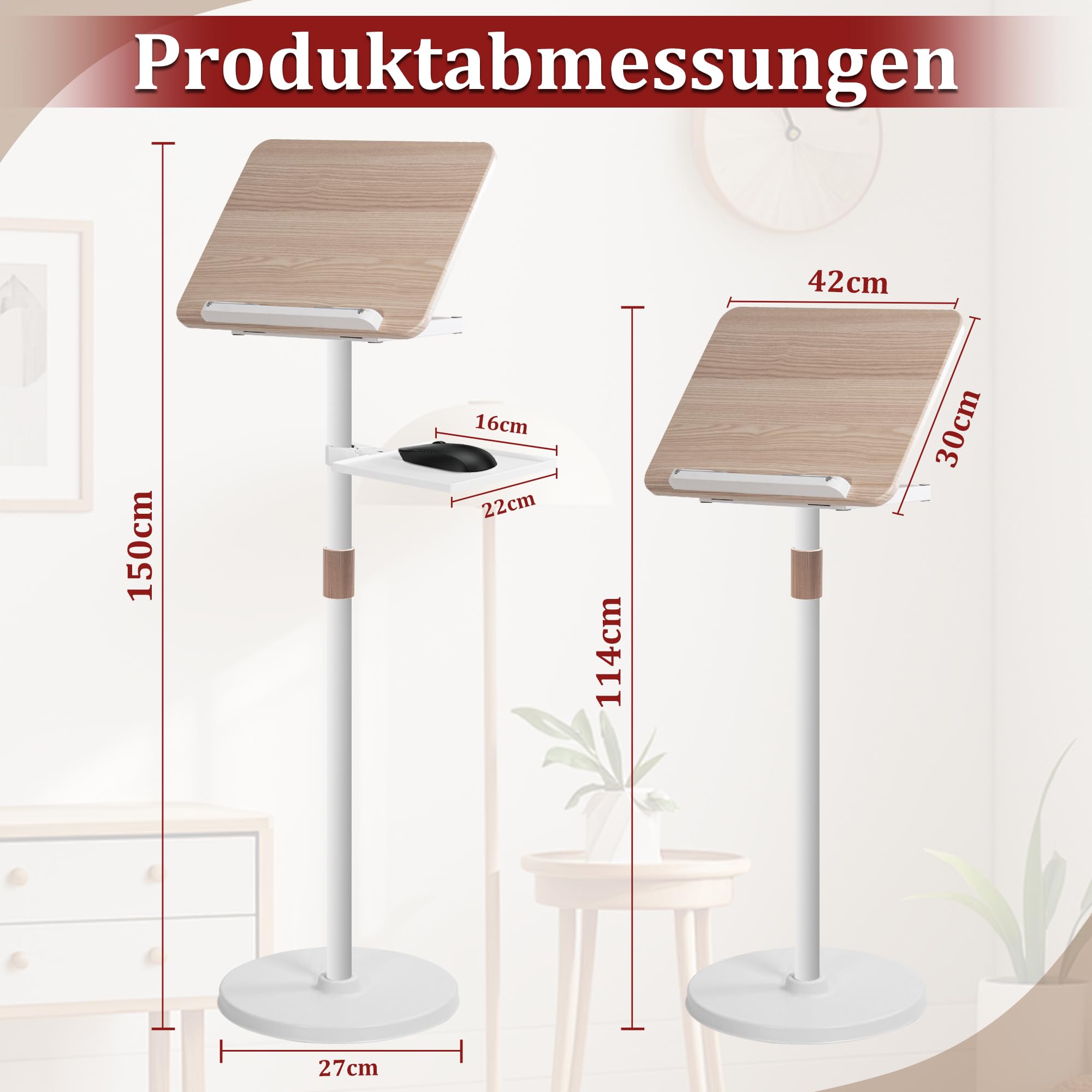2 in 1 Verstellbarer Buchständer, Höhenverstellbar 50-130cm, Weiß | Dual-Use Boden & Schreibtisch-Buchhalter, Holz-Kochbuchhalter mit Seitenclips, für Musikblatt, Rezept, Laptop