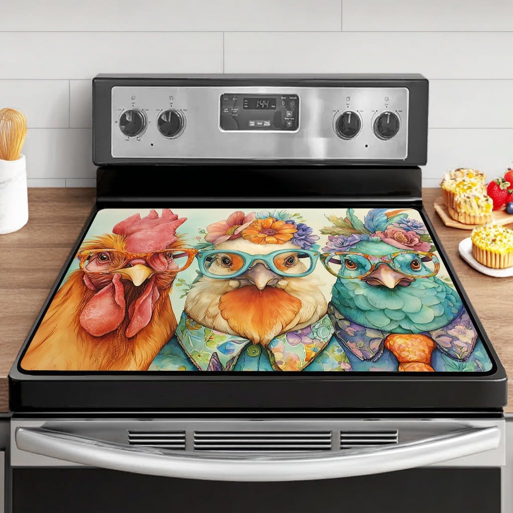 Roosters Glass Cooktop Protector,Vintage Farmhouse Stove Top Covers for Electric Stove Gas Burners,Funny Chicken Family Washer Top Protector,Heat‑Resistant Stove Top Cover
