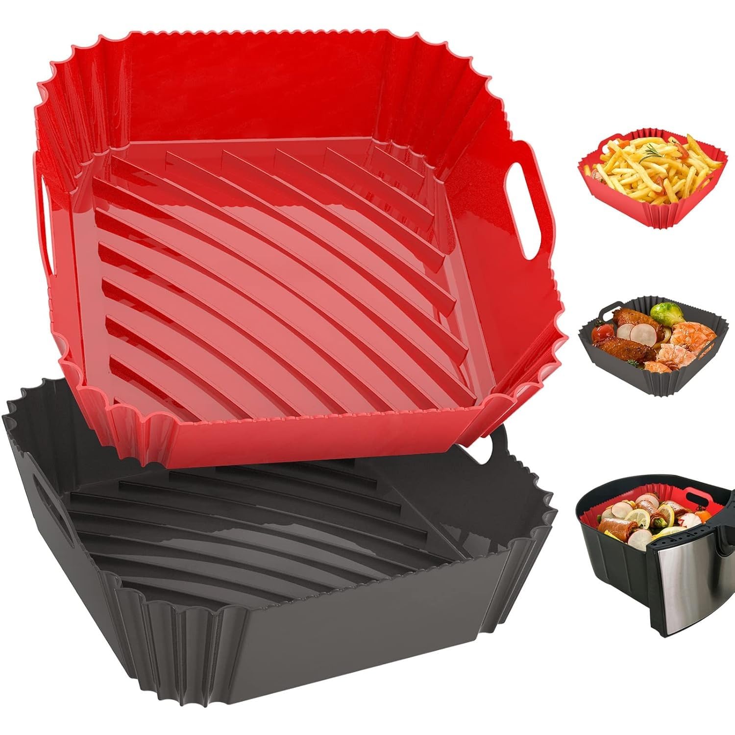 AJUS 2 Pack Silicone Air Fryer Liners Reusable, 8.6 Inch Airfryer Liners 4-7 QT Square Air Fryer Liners Silicone Pot Oven Liner Backing Tray, Air Fryer Basket (Multicolor)-image-5