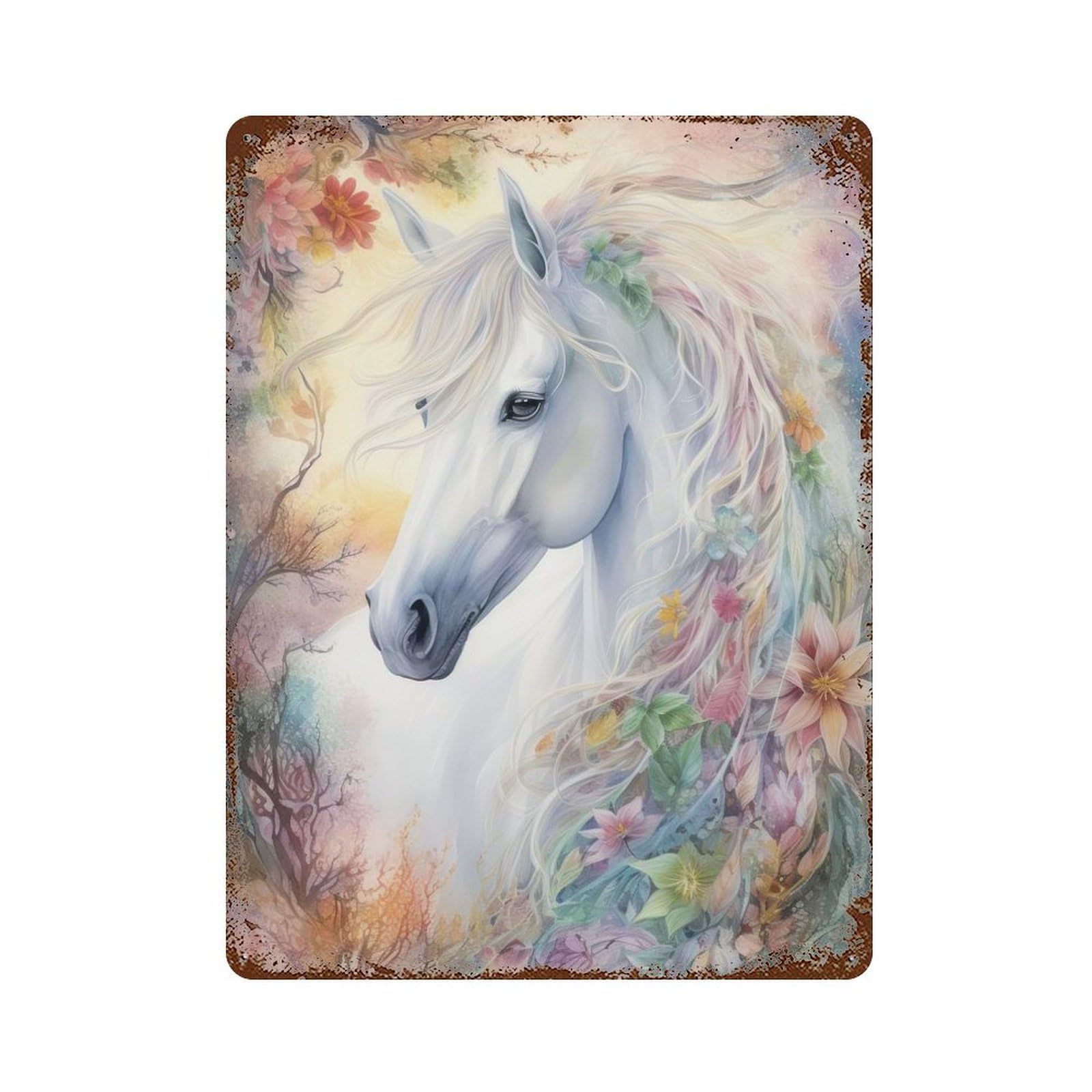 Rust Effect Stunning White Horse Rustic Tin Plaque 15.7"x11.8", Classic Wall Plaque for Shed, Workshop And Garage Wall Decor