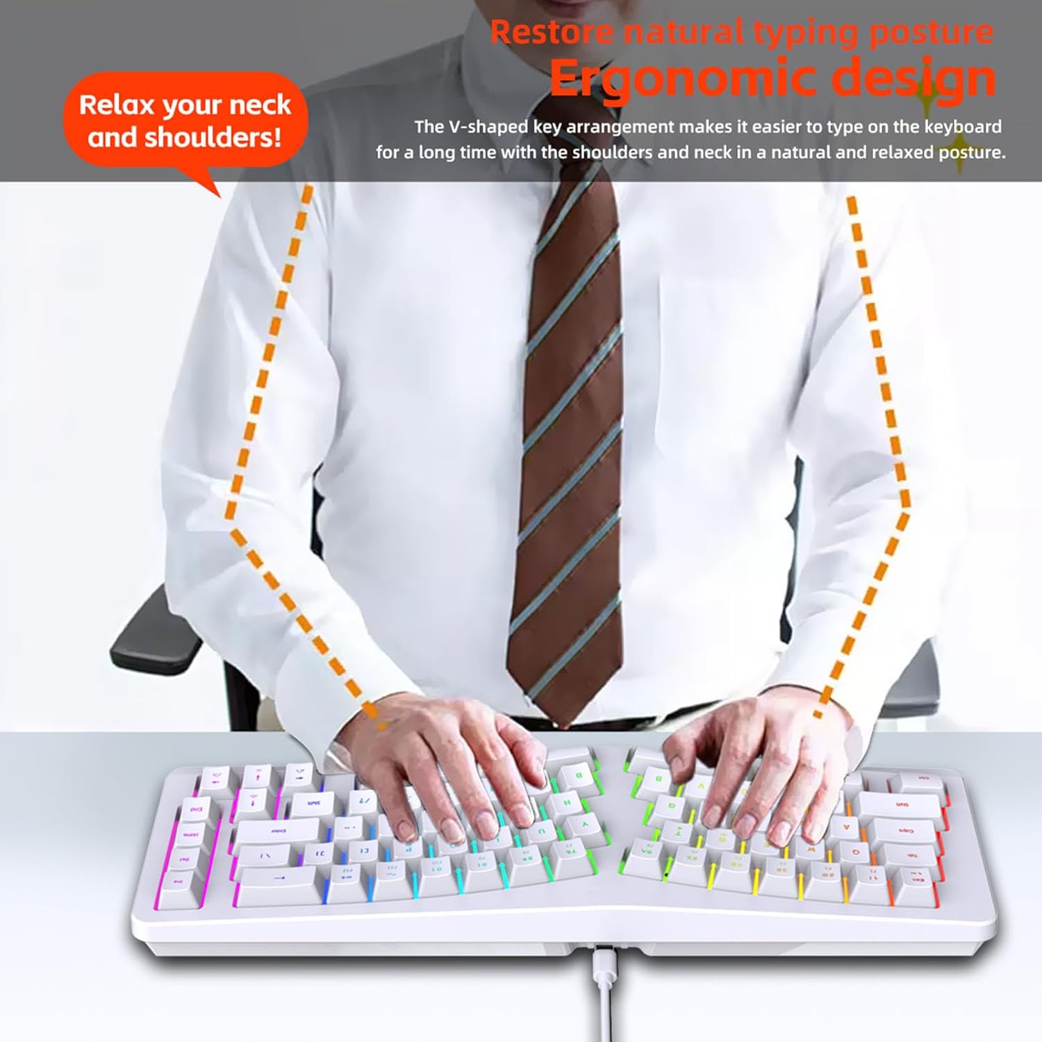 EBTOOLS 69 Key Ergonomic Keyboard, Wired Split USB Computer Keyboard with 18 RGB Backlit Modes and Wrist Rest, for Linux PC Laptop Office Home (White)