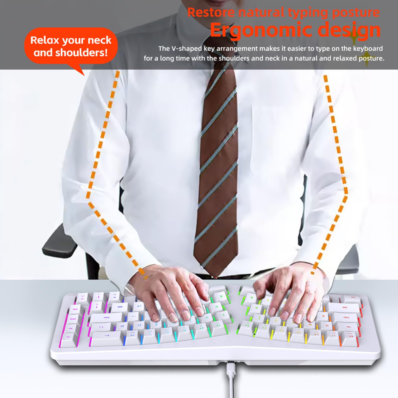 Annadue Tastiera ergonomica divisa a 69 tasti, 18 modalità RGB, USB C staccabile, tasti silenziosi, tastiera compatta cablata per/per Linux (ufficio/gioco/casa) (bianco)