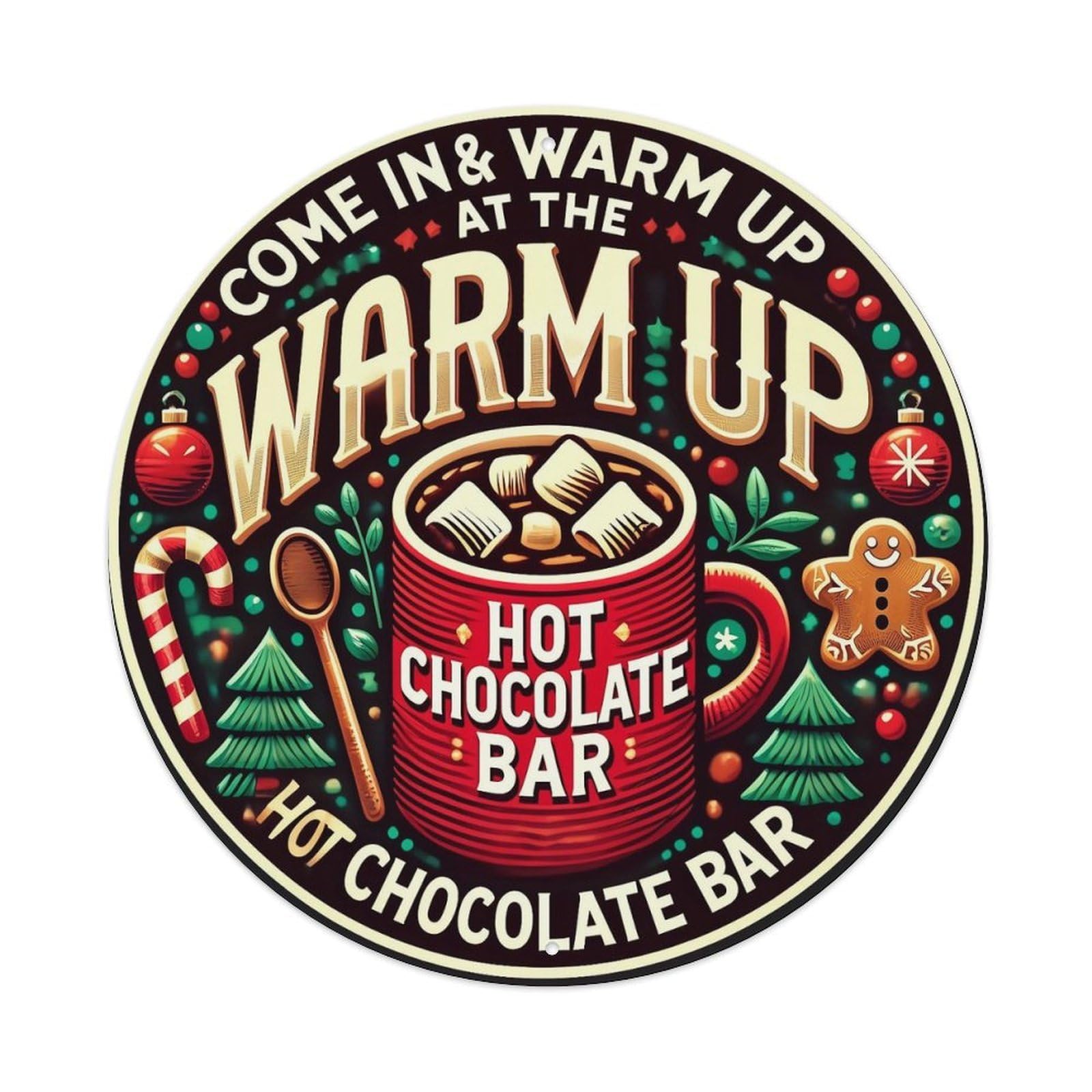Hot Chocolate Bar Sign Retro Metal Sign Round Tin Sign, Vintage Decor Art Poster for Bar, Home, Man Cave, Kitchen, Laundry Room Gift 8x8Inch