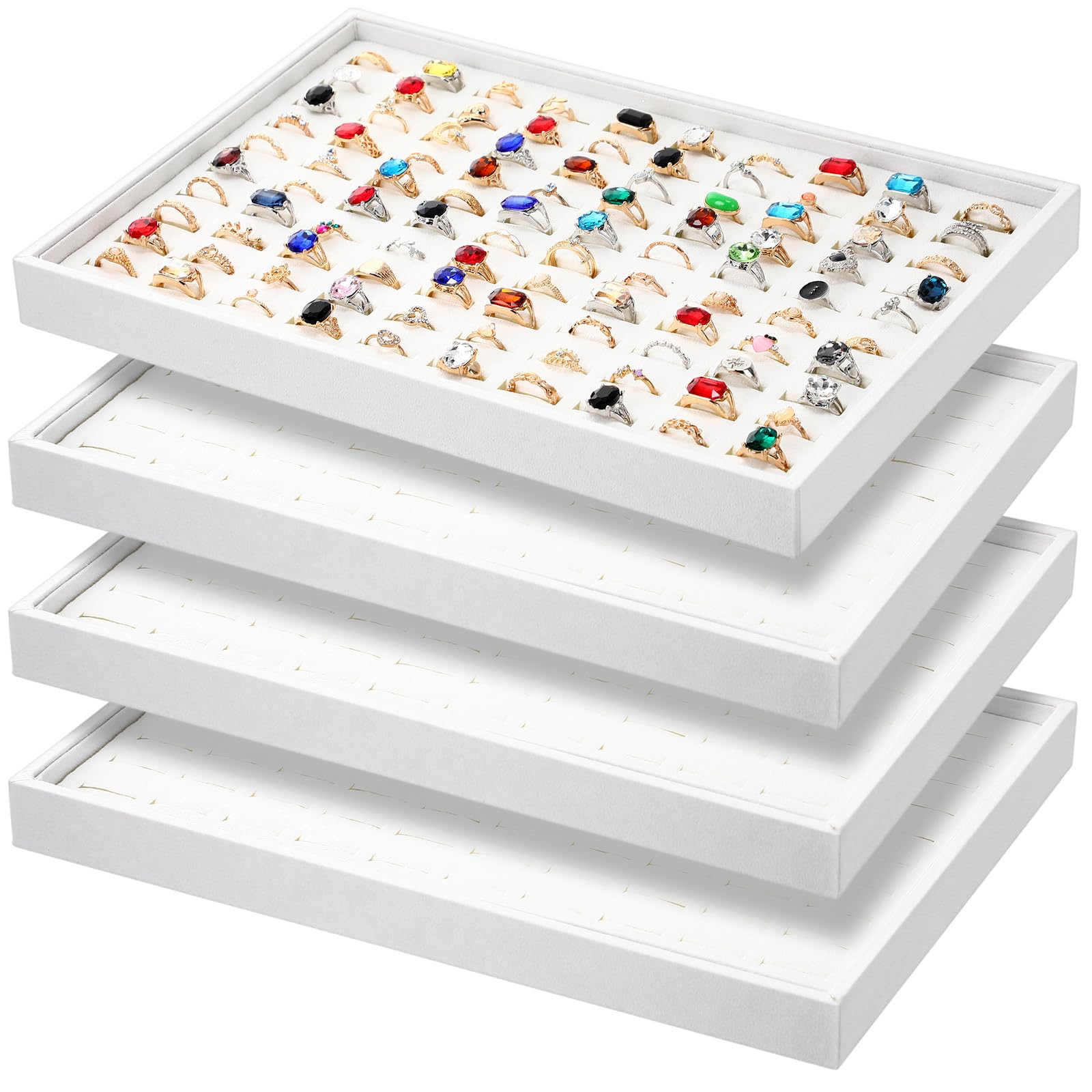 Photo 1 of Wenqik 4 Pcs Cardboard Ring Holder with Velvet Lining, 100 Slot Inserts Stackable Ring Display Tray,13.8 x 9.4 x 1.2 inch (White)