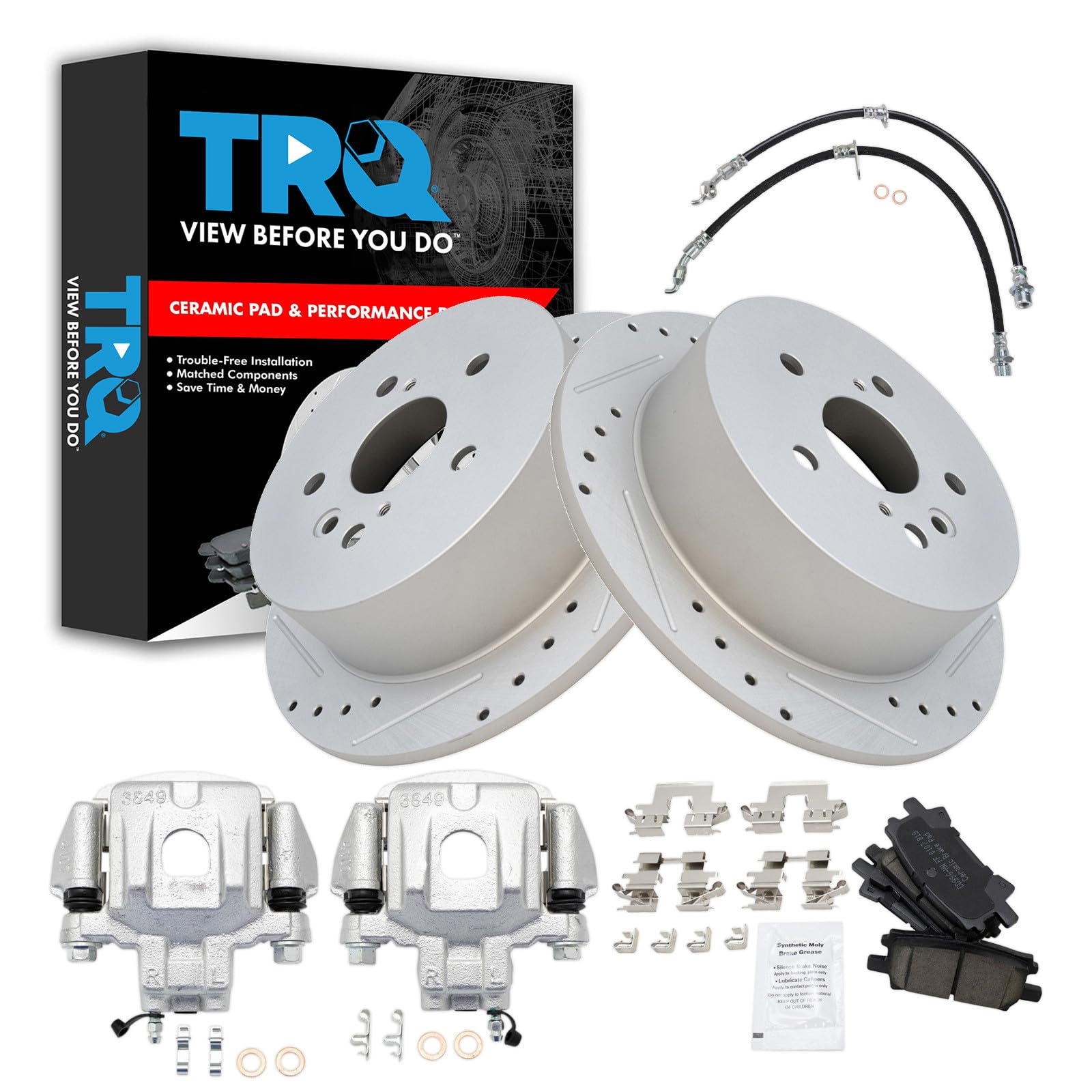 TRQ Performance Rear Brake Pad and Rotor Set Ceramic Slotted Drilled Coated Calipers Compatible with 2004-2007 Toyota Highlander with All Wheel Drive