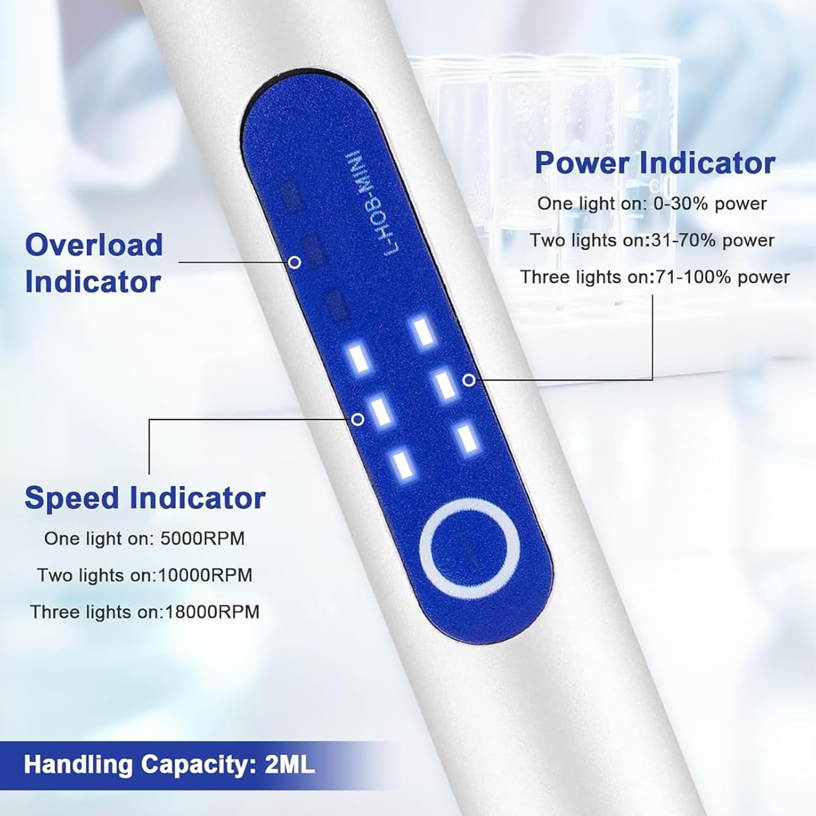 Homogeneizador de tejido portátil, mini homogeneizador, capacidad de 2 ml, 3 ajustes de velocidad (5000/10000/18000 rpm), batería recargable, 1 hora de funcionamiento, adecuado para muestras de