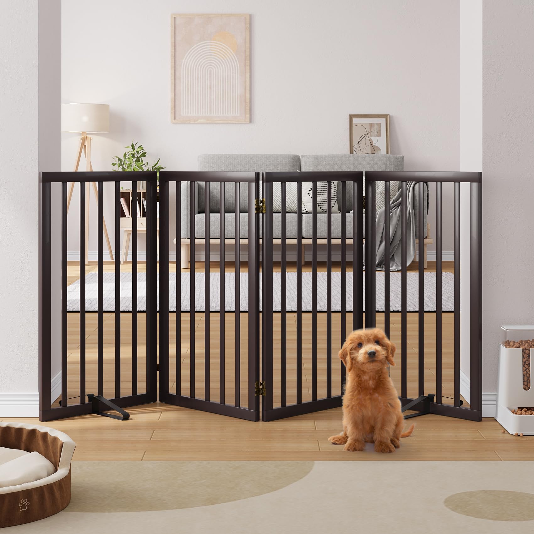 Semiocthome Bamboo Freestanding Dog Gates for Doorways, 2-Panel Indoor Puppy Gates for The House with 2 Metal Stands, 60cm(H) Folding Pet Gate for Stairs Expands Up to 94cm(W) Walnut — view 32