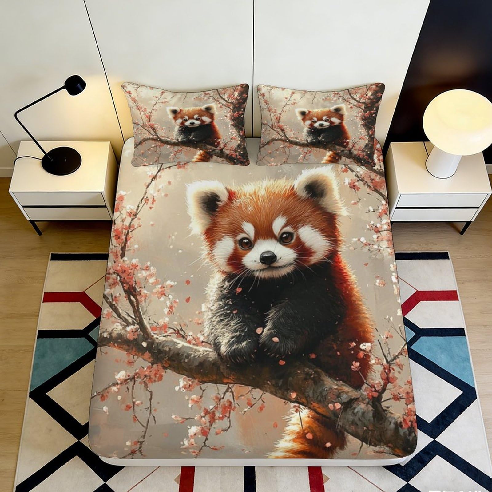 3D Printed Red Panda Fitted Sheet Microfiber Soft Durable Floral Branch Bed Cover for Bedroom Dormitory Guest Room Mattress Protection 180x200x25cm