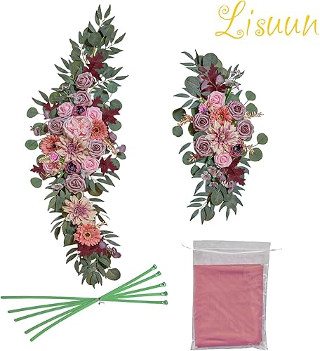 Miniatura 6 de Flores de arco de boda, flores artificiales para decoración, 2 guirnaldas de flores y 1 guirnalda de gasa semitransparente para hermosa decoración