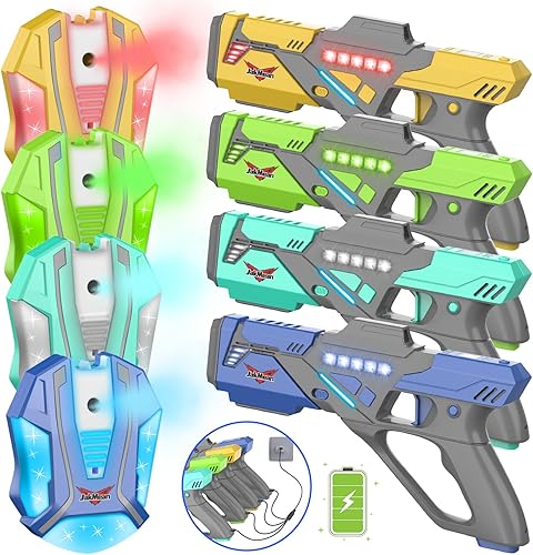 Juego de 4 pistolas láser recargables con chalecos, juego de 4 pistolas láser mejoradas para múltiples jugadores, juego de etiquetas Lazer para