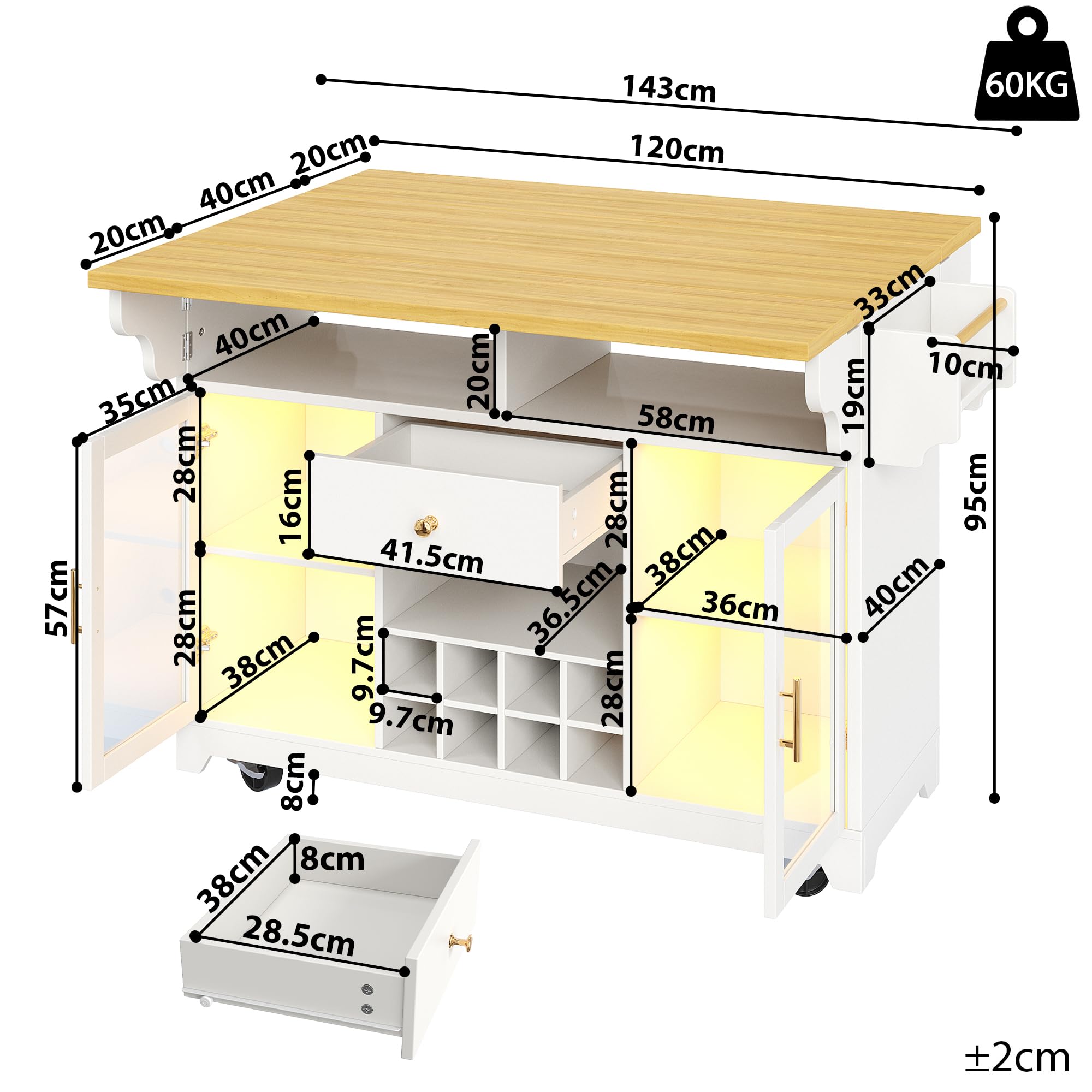 Isola da cucina, carrello da portata con illuminazione LED RGB, piano del tavolo pieghevole su entrambi i lati, carrello da cucina con ripiani regolabili e portabottiglie mobile, per cucina e