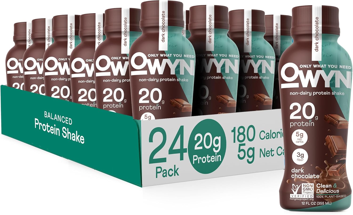 OWYN Only What You Need Vegan Protein Shake, 20g Plant Based Protein from Organic Pumpkin seed, Organic Flax oil, Pea, Prebiotics, Gluten and Soy Free (Dark Chocolate, 24 Pack)