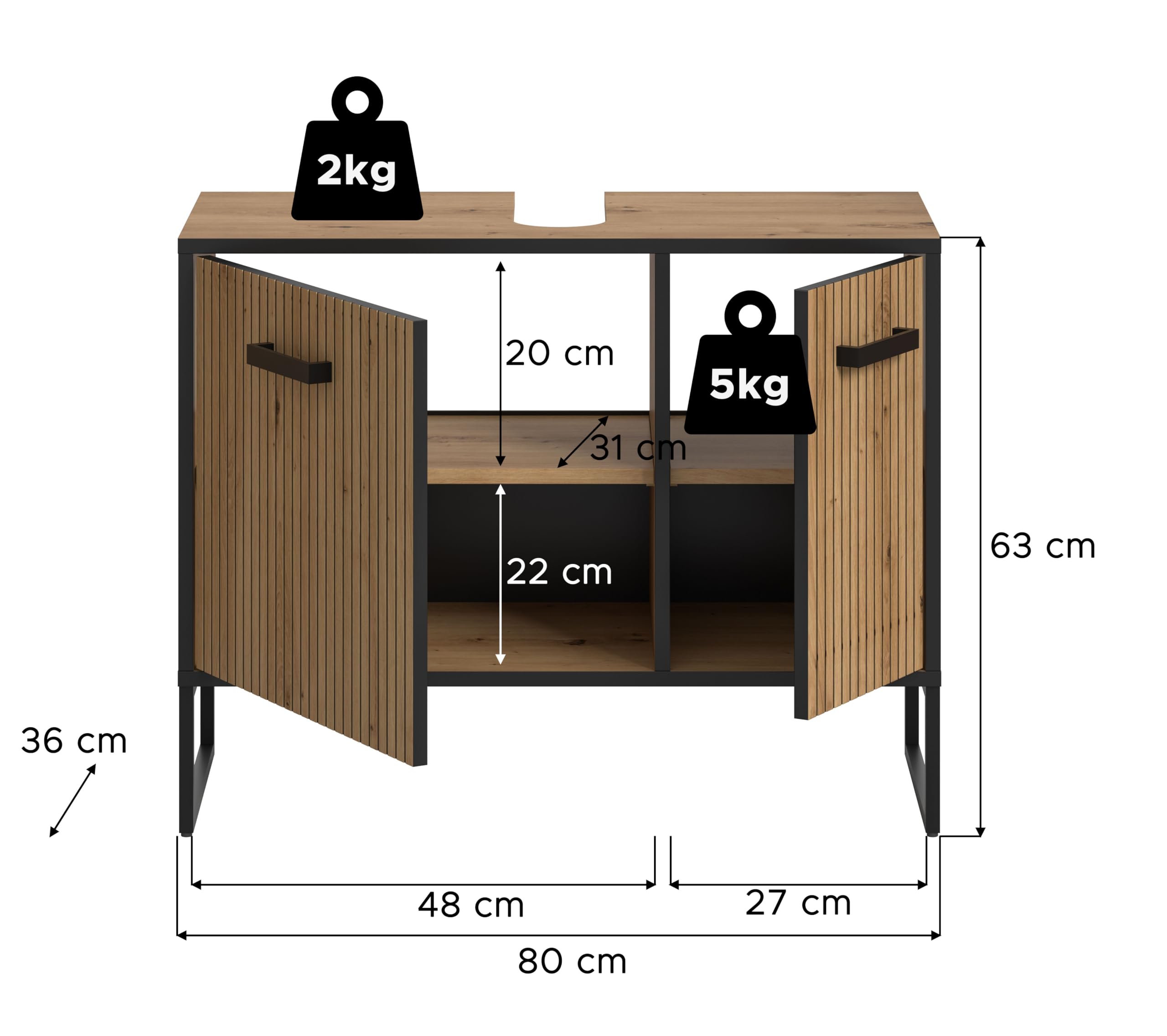 xonox.home Szafka pod umywalkę Bagno 80 x 63 x 36 cm z imitacji Artisan Oak – szafka dolna z 2 drzwiami, 4 półkami i wycięciem na syfon – dużo miejsca pod umywalką, wytrzymała i nowoczesna konstrukcja