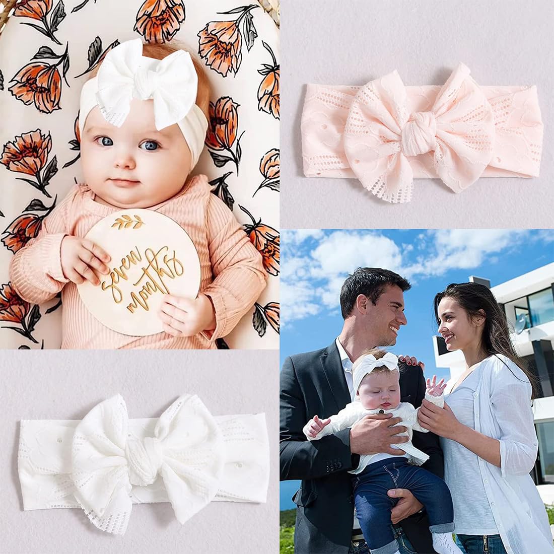 Baby Mädchen Nylon Stirnbänder,3 Stück Bowknot Elastische Haarbänder,baby schleifen haarband,Weiche,süße,Kopfbedeckung für Kinder Kleinkinder(weiß, apricot, rosa)