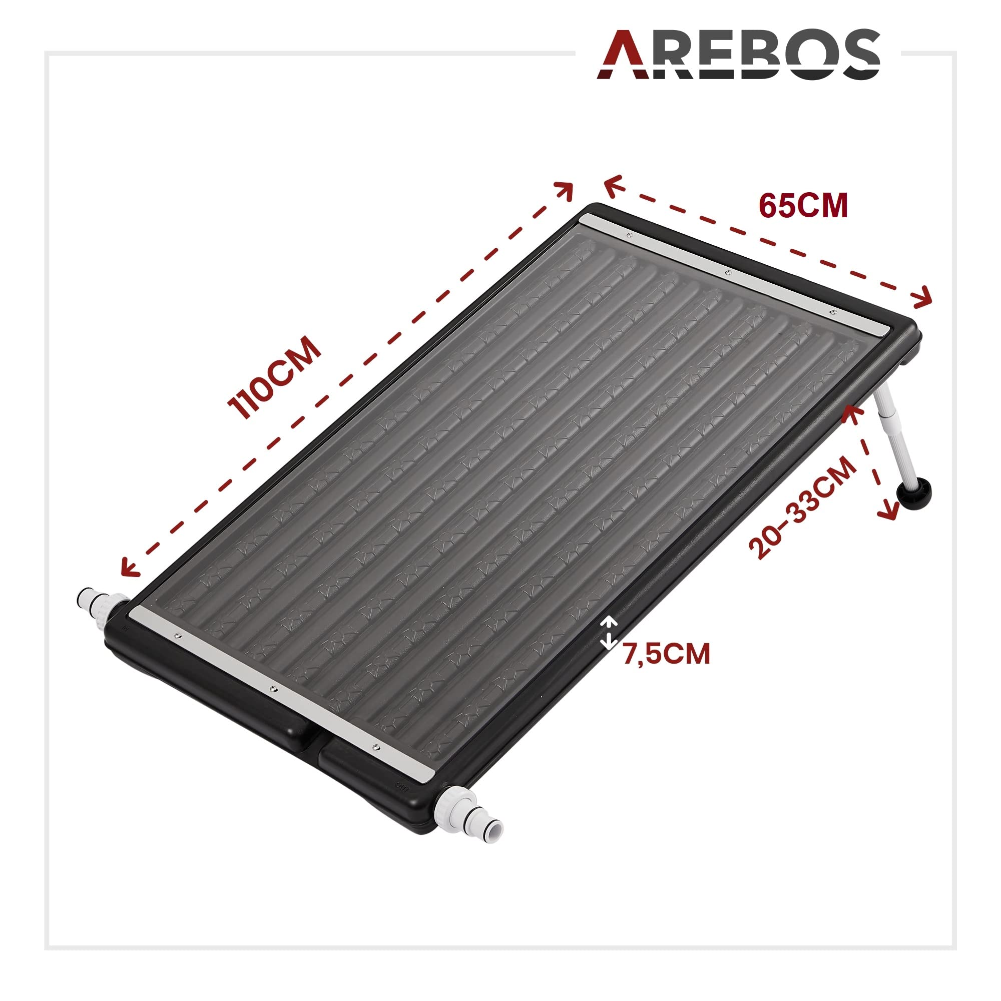 Arebos Calentador solar para piscina, 110 x 65 x 7,5 cm Calentador solar para piscina, capacidad de hasta 15 litros, caudal de hasta 10.000 L/h, conexión de manguera Ø 32/38 mm, incluye material de