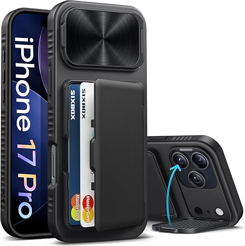 Miniatura 44 de Funda para iPhone Air con soporte para tarjetas, soporte integrado y cubierta para lente de cámara, a prueba de golpes, de silicona resistente a