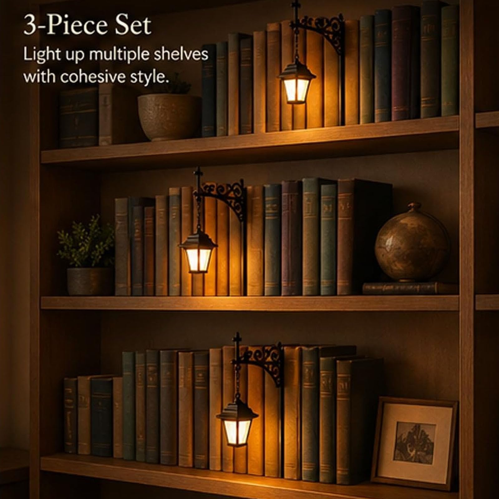 Linterna de biblioteca Mini lámpara LED para estantería, iluminación de rincón de libro colgante de hierro de madera vintage, luz de lectura portátil cálida, adorno literario (B3pcs)