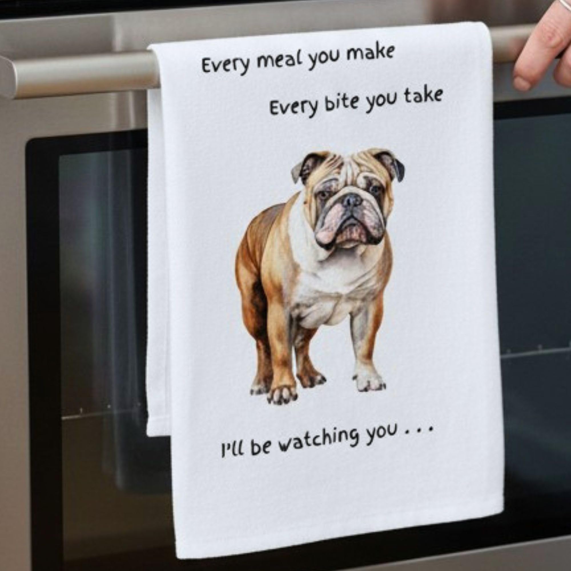 English Bulldog Dog gift Tea Towel Watching You wording fun stocking filler