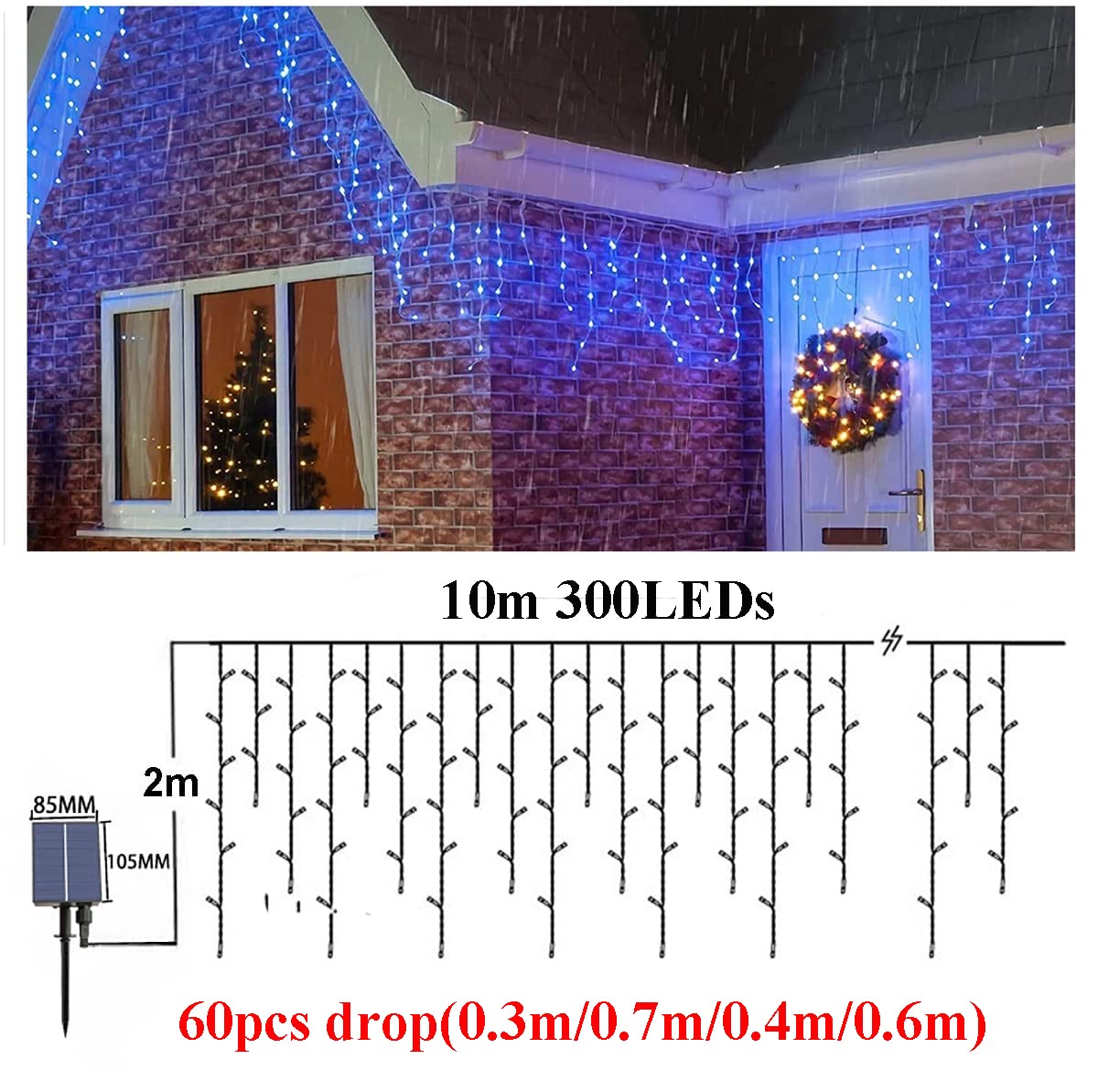 Solar Lichterkette 300LED Lichtervorhang Außen 32.8ft Eisregen Lichterketten mit Fernbedienung 8 Modi Wasserfest 60 Stränge Hängen Dekorations Patio Licht Weihnachten beleuchtung (Blau)