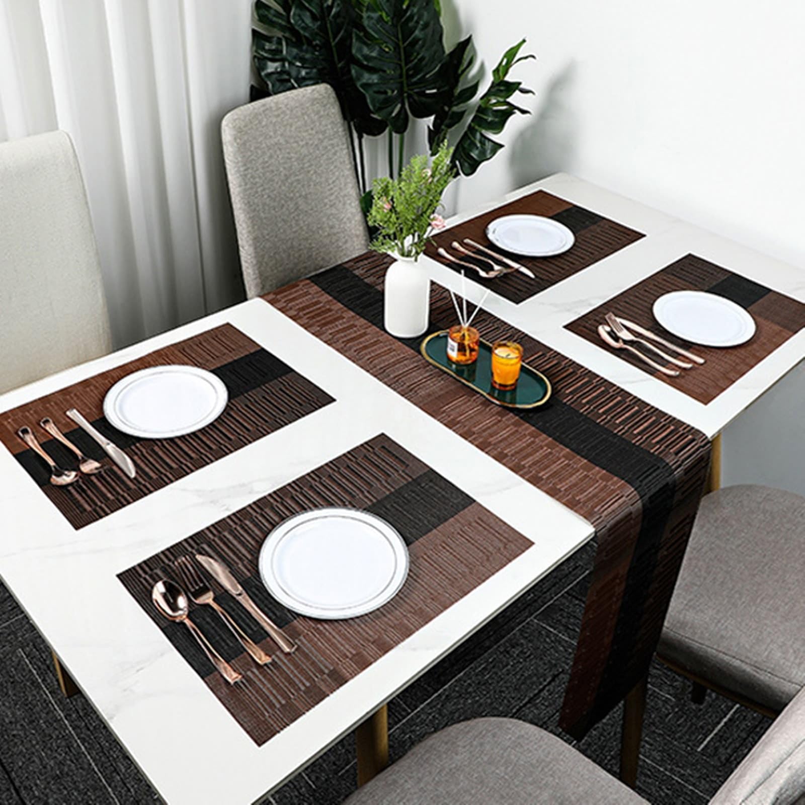 AMDXD Manteles individuales lavables navideños cuadrados 6 unidades, manteles individuales de PVC, decoración navideña, tejido degradado a rayas, resistente al calor, mantel moderno café, 30 x 45 cm