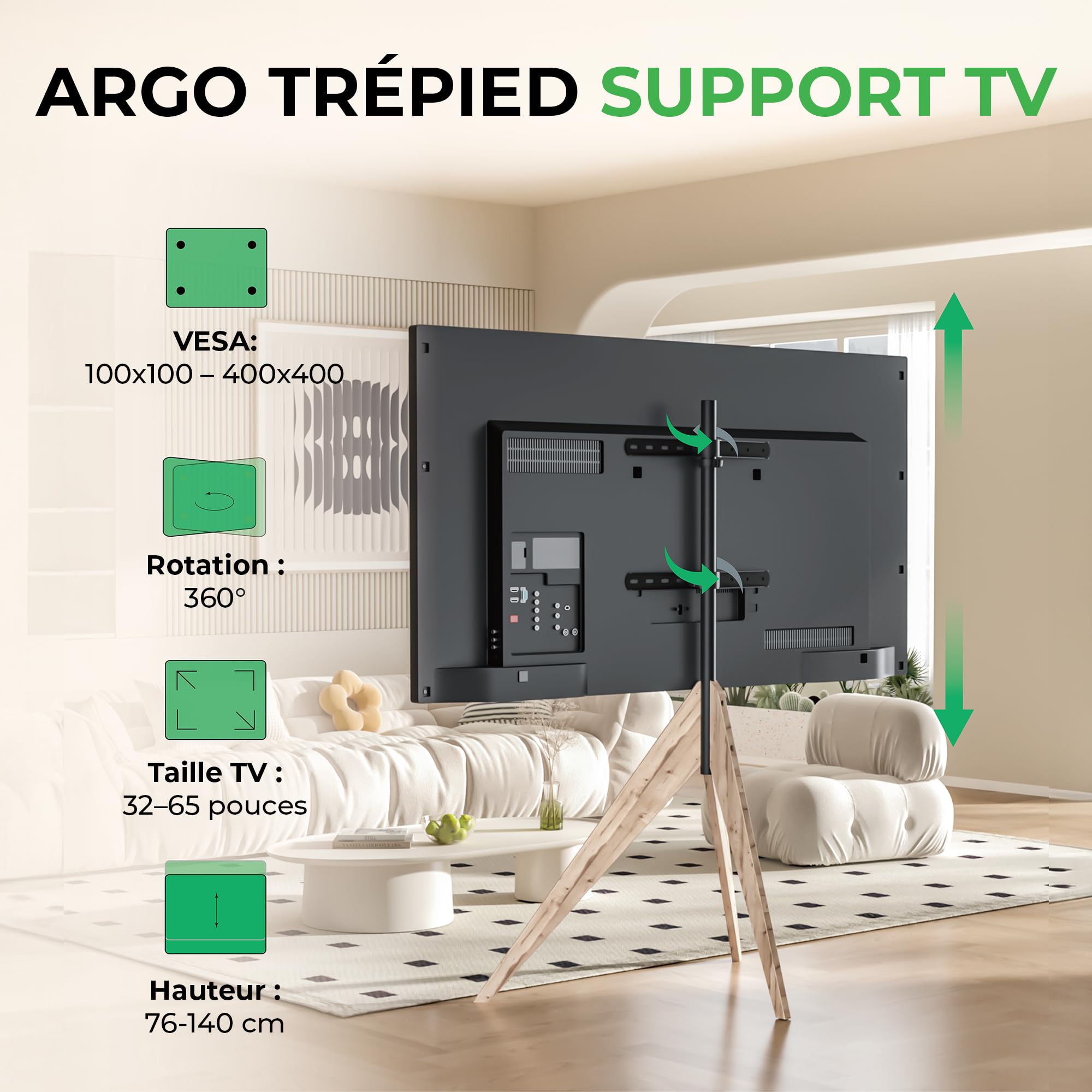 Meuble TV XTRARM Argo Tripod, Hauteur jusqu'à 140 cm, Rotatif à 360 degrés, pour téléviseur d'environ 32 à 65 Pouces, jusqu'à 40 kg, Maximum VESA 400x400mm, Meuble TV en Bois véritable