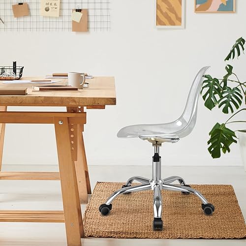 Miniatura 2 de COSTWAY Silla de escritorio de acrílico transparente, silla giratoria sin brazos de plástico con base de metal resistente y ruedas lisas, silla de