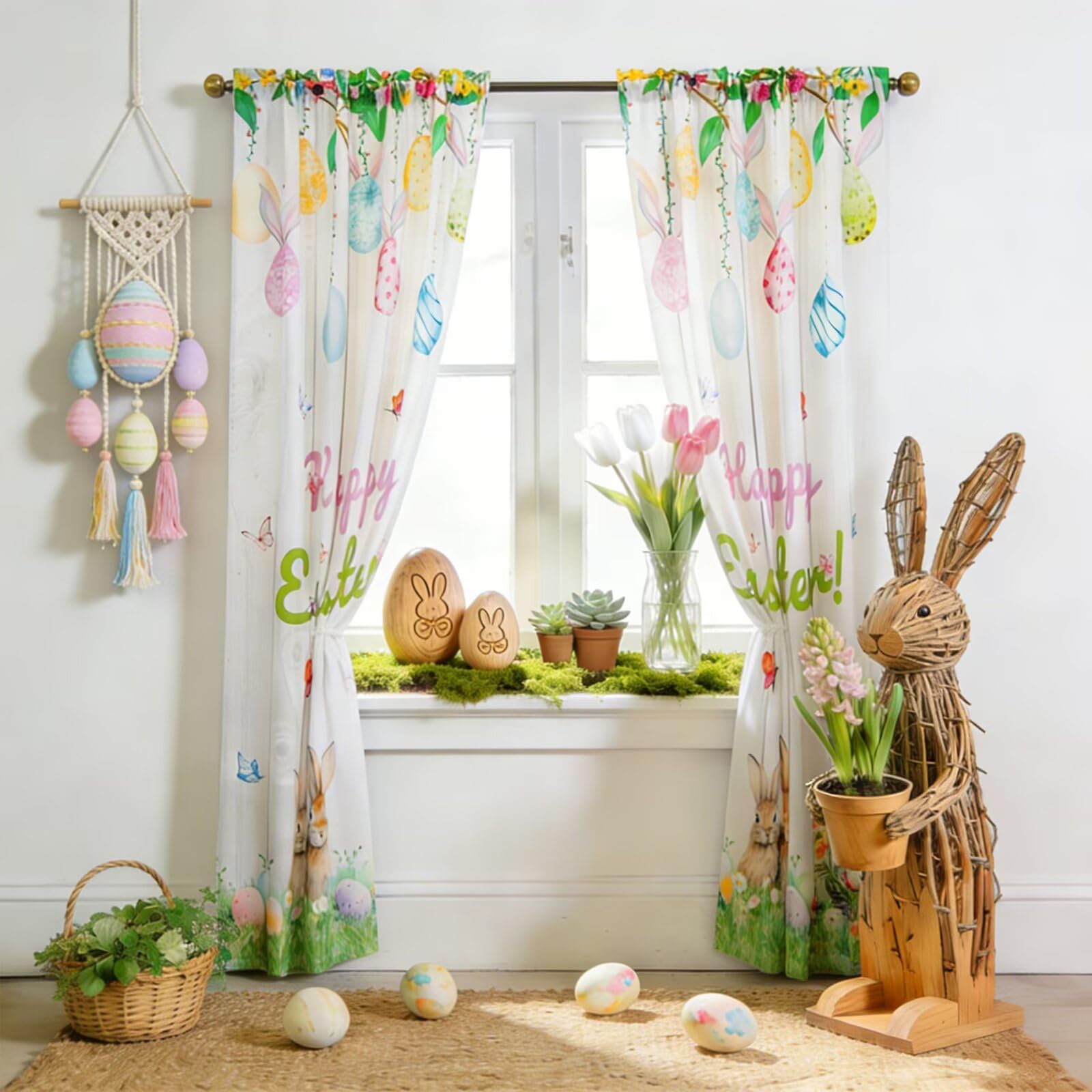 youleyar Tende pasquali per soggiorno, lunghezza 183 cm, motivo stampato con uova colorate pasquali e coniglietto, tende per finestra con tasca per asta, tende per camera da letto e sala da pranzo