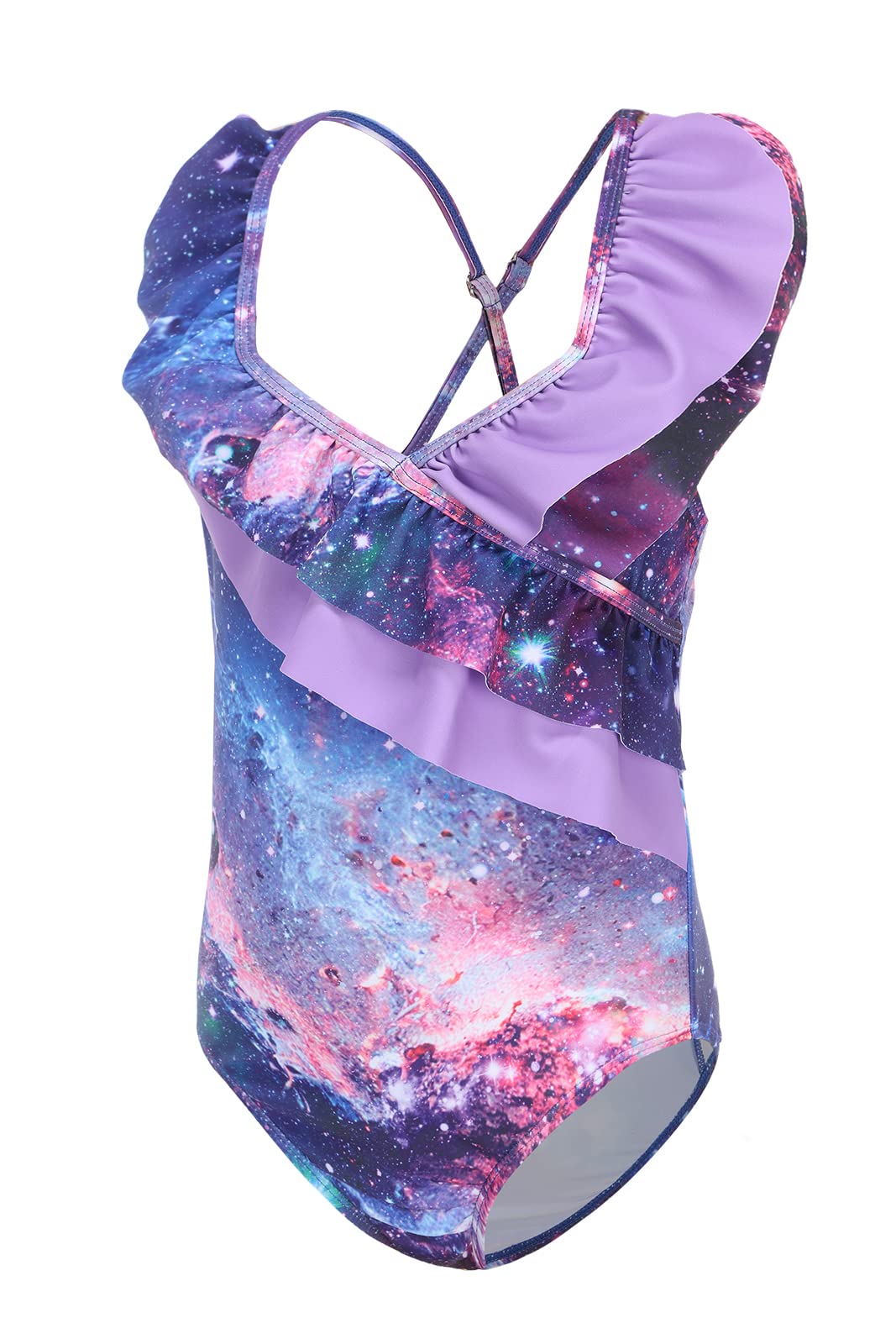 Aisyee Bañador para niña de una pieza diseño hawaiano con traje volantes florales baño niñas 3 a 16 años Green Off Shoulder 13-14