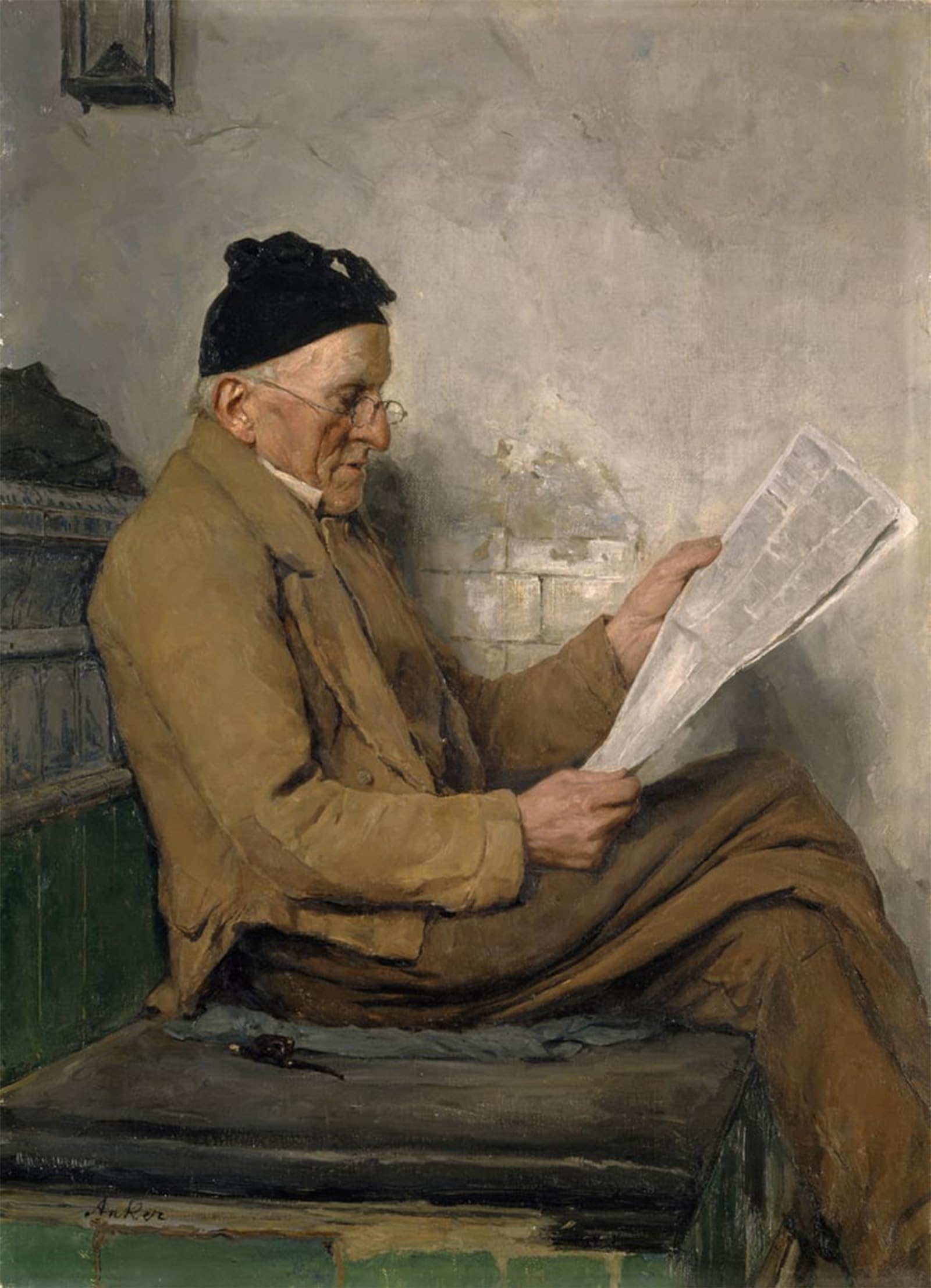 ARTXLXXBN Famous Print Painting Colorful Art Print Farmer Reading on the Stove Bench by Albert Anker Canvas Art Decorations for Home Decor 60x90cm