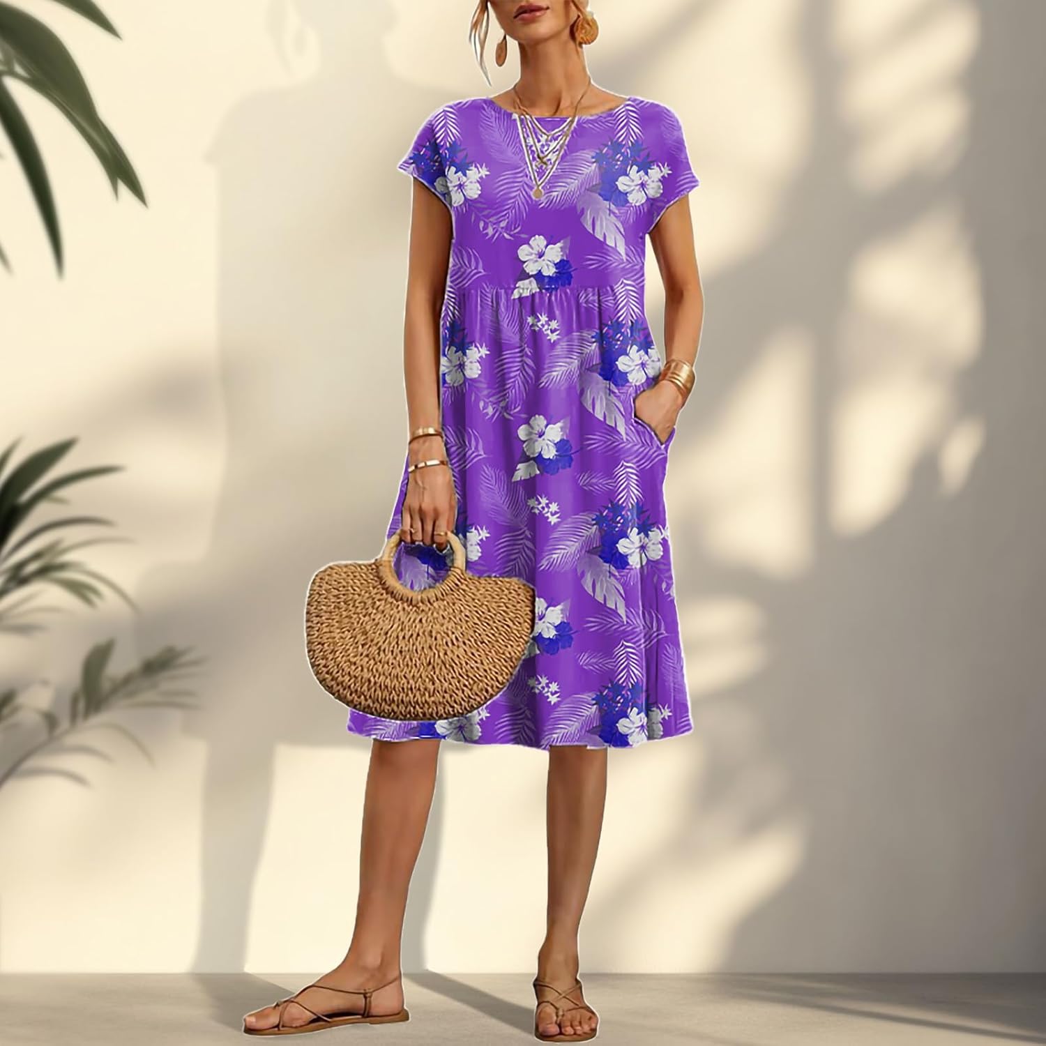 Vintage Boho Summer Dresses for Women Floral Graphic Knee Length High Waist Cap Sleeve Beach Outfits with Pockets - Image 2