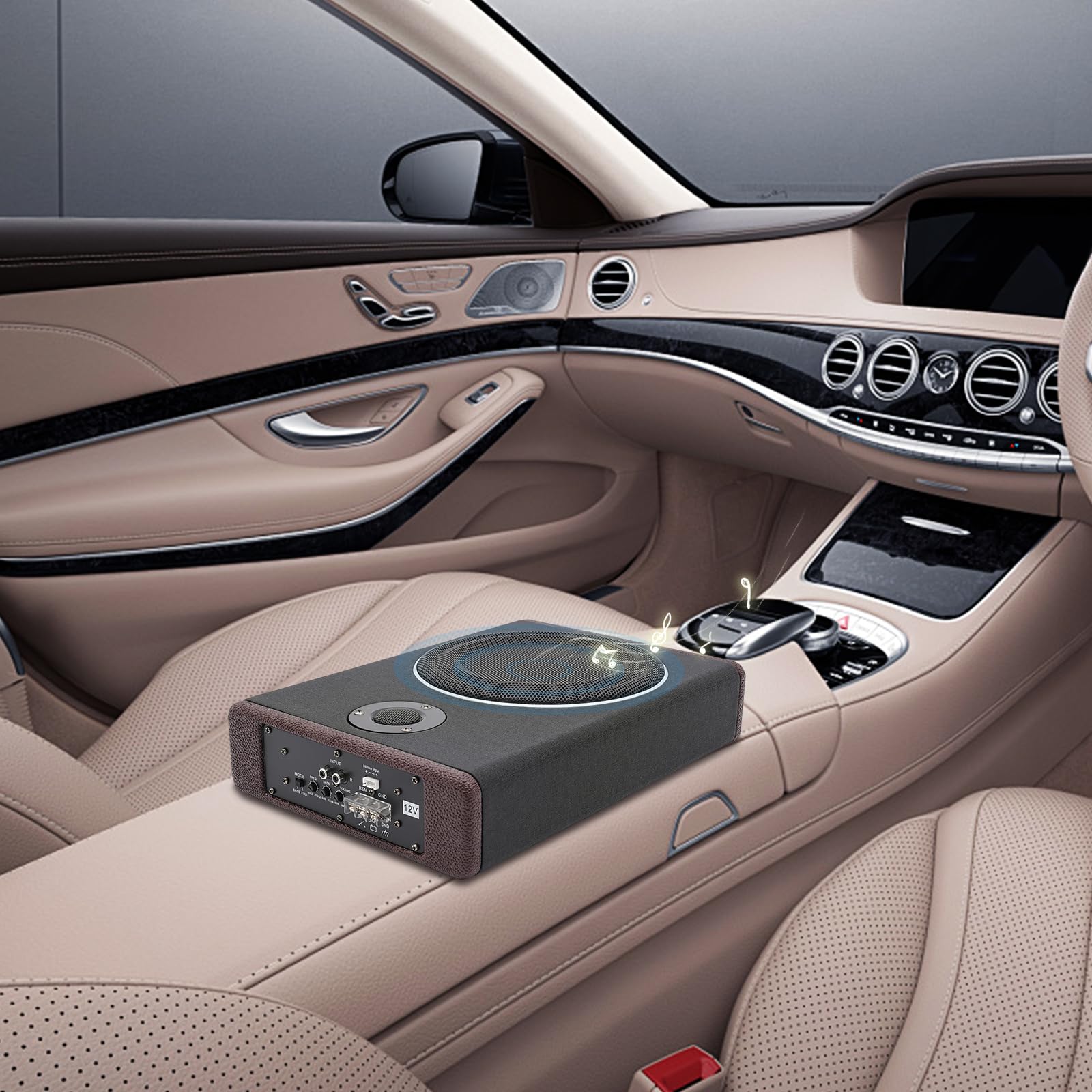 20,3 cm Subwoofer attivo per auto 600W di picco | Corpo in acciaio inossidabile con finitura lucida | Design sotto il sedile del passeggero | Telecomando e bass boost regolabile (0-12dB) |
