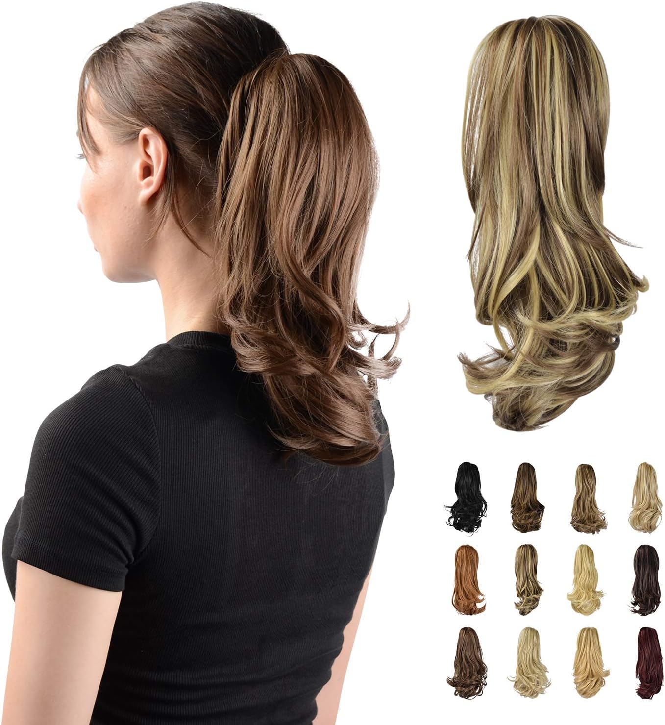 Sofeiyan 13" Ponytail Extension Long Curly Ponytail Clip in Claw Hair Extension Natural Looking Synthetic Hairpiece for Women,Blonde & Medium Brown