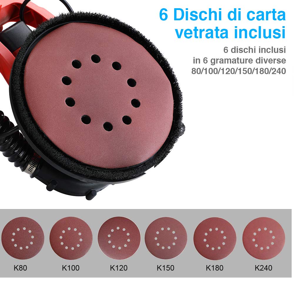 Bakaji Levigatrice Muro Soffitto Carteggiatrice Giraffa Cartongesso 750W Potenza 800-1750 rpm Aspirazione Polvere Automatica con Tubo Asta Telescopica e 6 Dischi Abrasivi 225mm Inclusi