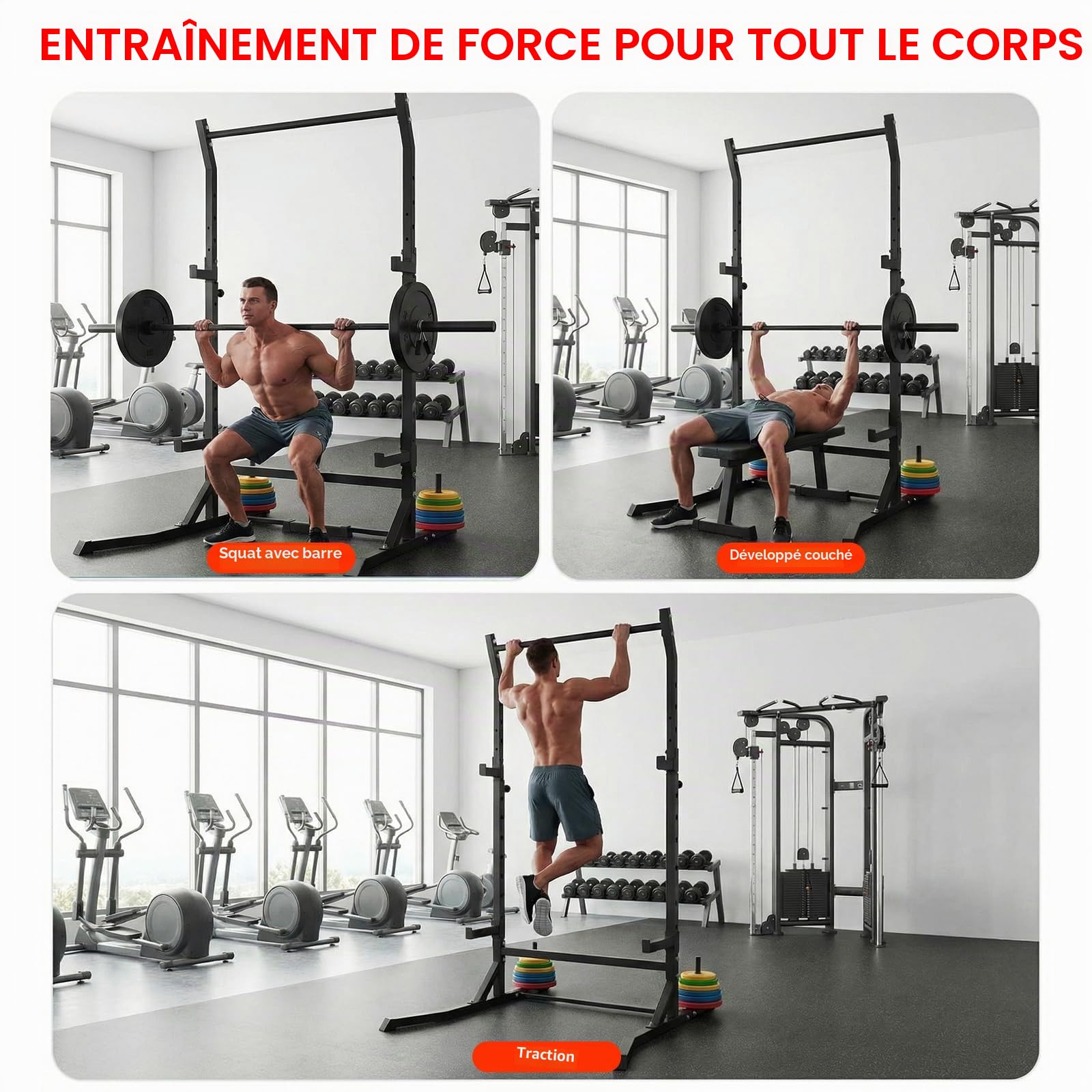 Cages de Squat, Supports Réglable de Rack Squat Multifonction Barbell, Repose haltères, Chandelles Musculation pour Maison, la Salle de Sport, Max. 300KG