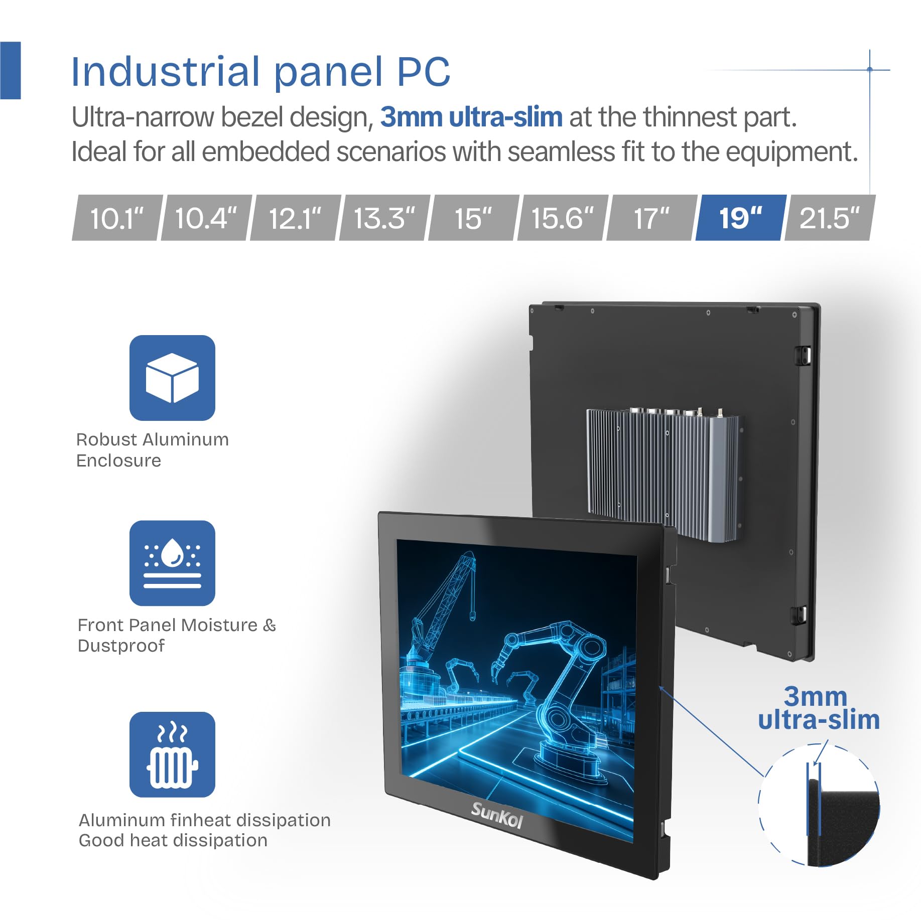19 inch Narrow Bezel Industrial Panel PC, Fanless Embedded Touchscreen, J6412, IP65 Front, VESA Mount for Warehouse, Logistics, Automation (No RAM&Storage&System)