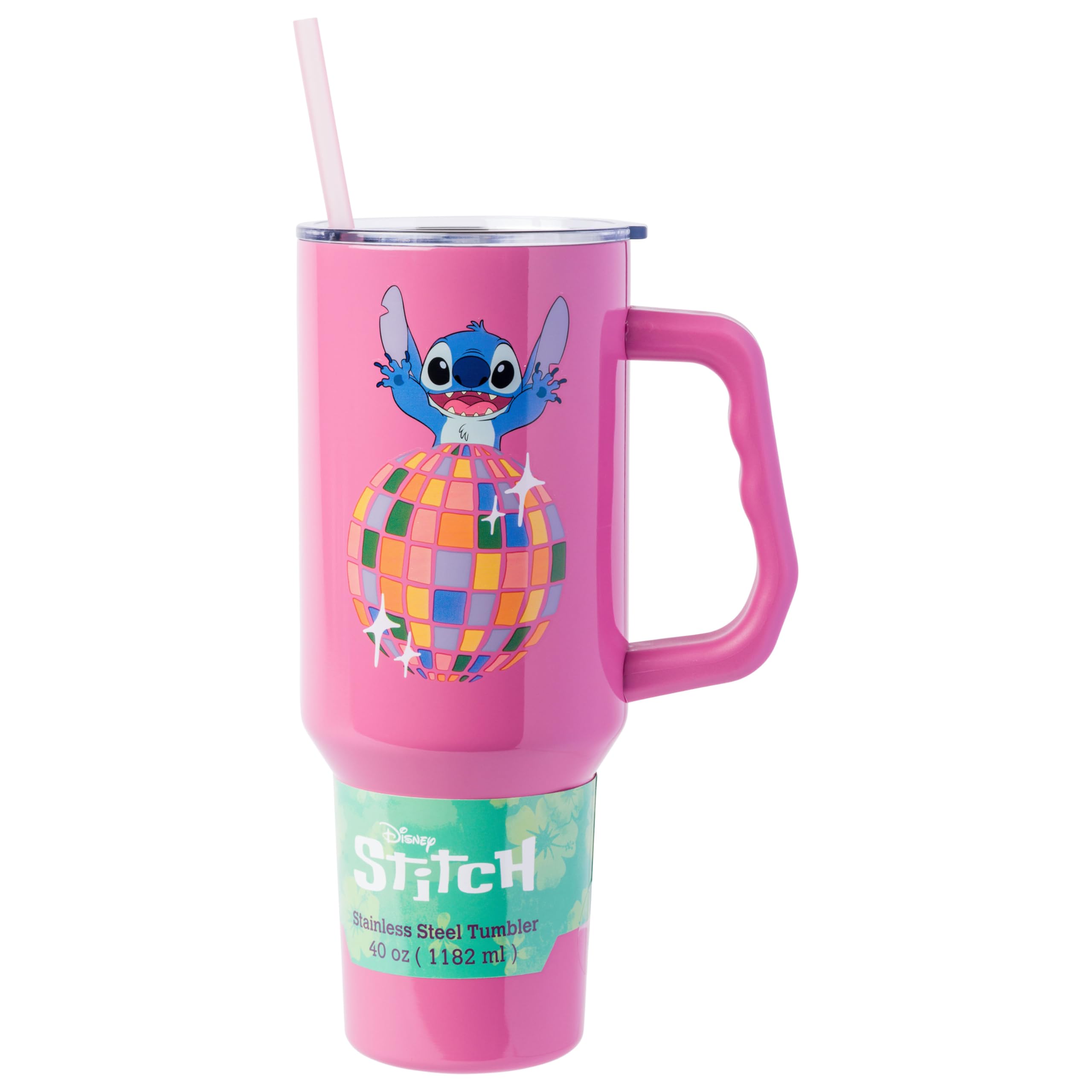 Silver Buffalo Disney Lilo and Stitch “Life Is A Party” Stainless Steel Tumbler with Handle, Fits in Standard Cup Holder, 40 Ounces