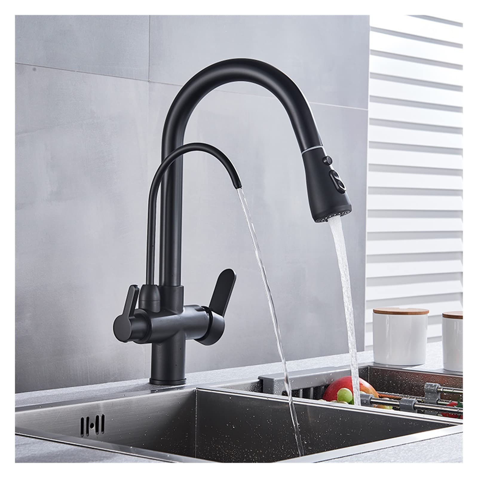 Robinet de cuisine avec filtre à eau mitigeur noir mat B à double poignée