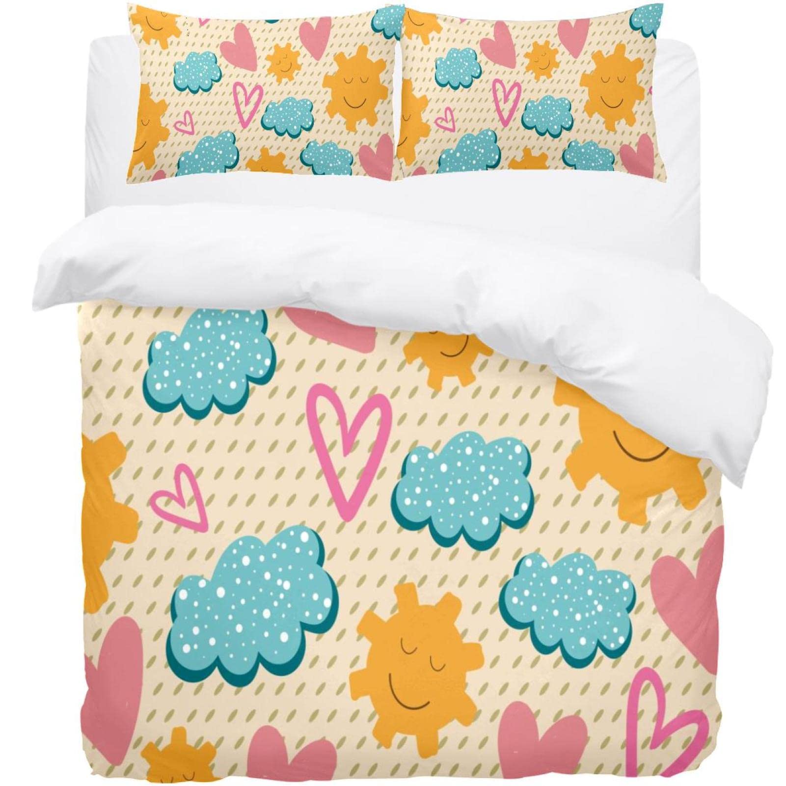 Parure de lit thermique rose housse de couette nuages et 2 taies d'oreiller