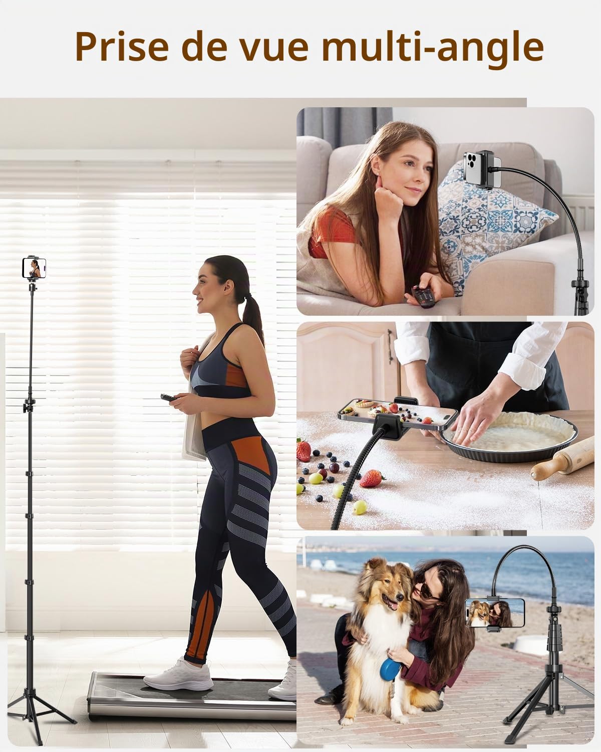 Aureday Trépied portable 223 cm, tuyau flexible 38 cm, rotation 360°, télécommande Bluetooth, compatible iPhone, Android et appareils photo
