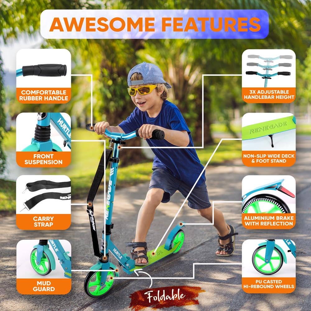 Hurtle Patinete de Ciudad con Ruedas XXL, Plegable hasta 100 kg, Altura Ajustable con Correa, Freno de Pedal y Soporte para Viajes Escolares, Ocio y Transporte Urbano, para niños, Adolescentes y