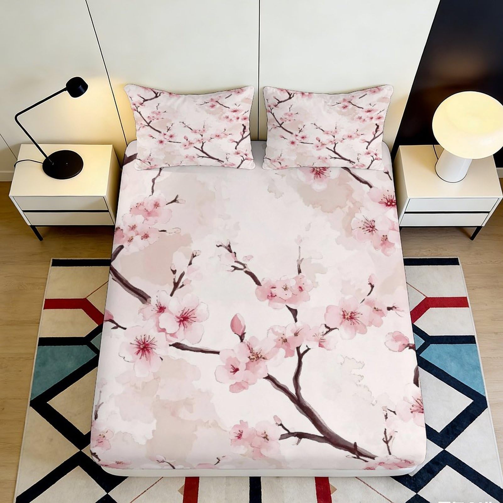 3D Printed Cherry Blossom Fitted Sheet Microfiber Soft Pink Floral Branch Bed Sheet for Bedroom Guest Room Decor 90x200x25cm