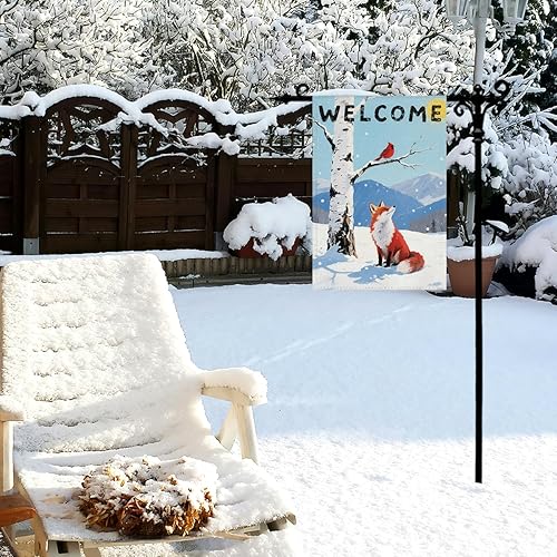 Miniatura 5 de Bandera de jardín cardenal de zorro de invierno de bienvenida para exteriores, pájaros rojos, abedules blancos, bandera decorativa de doble cara,