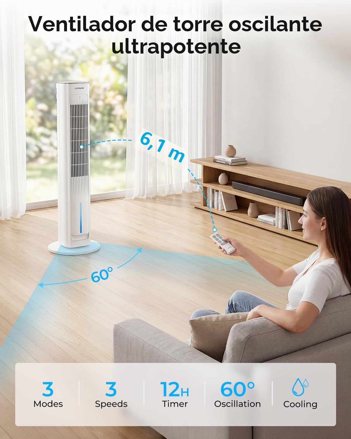LEENON 3-en-1 Climatizador Evaporativo, Ventilador Torre 38" con Mando, 3L, Silencioso, 3 Vel/Modos, Temporizador 12H, Oscilación Automática, Enfriador de Aire Portátil para Casa y Oficina