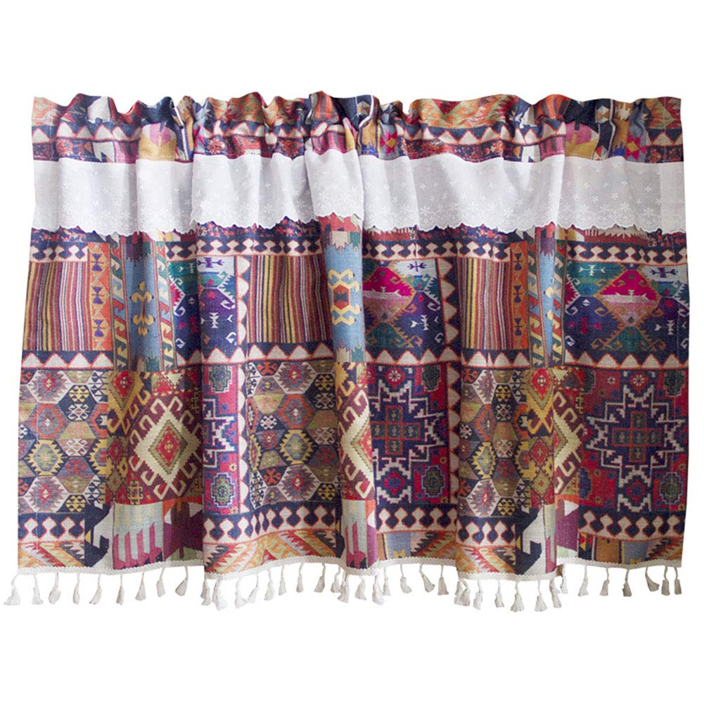 CRYSEU Short Curtains, Boho Window Curtain Valance, Ethnic Rustic Cotton Blended Blackout Kitchen Short Curtains(W265*H80CM(W104*H31inch))