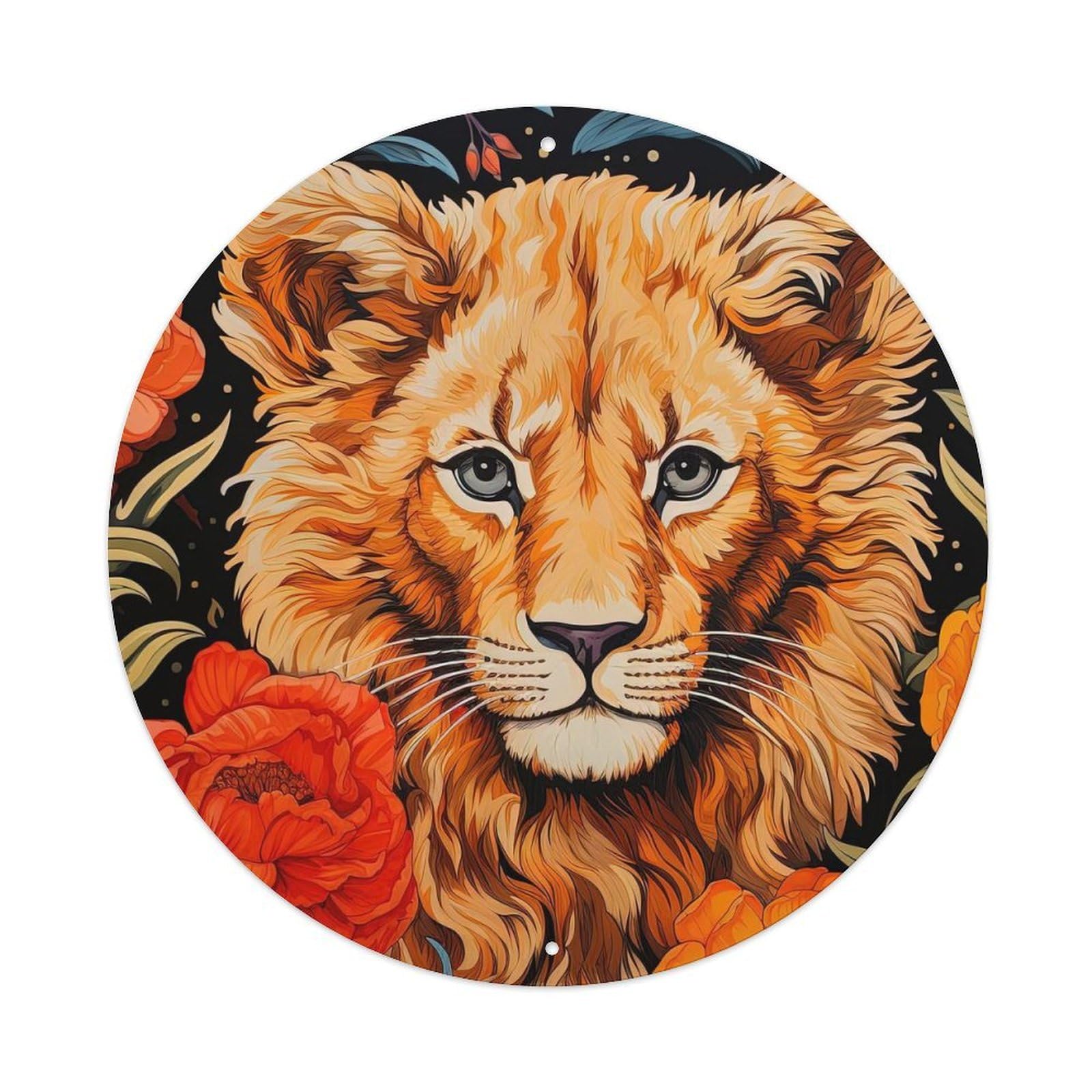 Animal Art Lion Cub in The Flowers Vintage Metal Tin Sign Plaque Wall Decor for Cafe, Club, Garden Round Metal Poster 8x8Inch