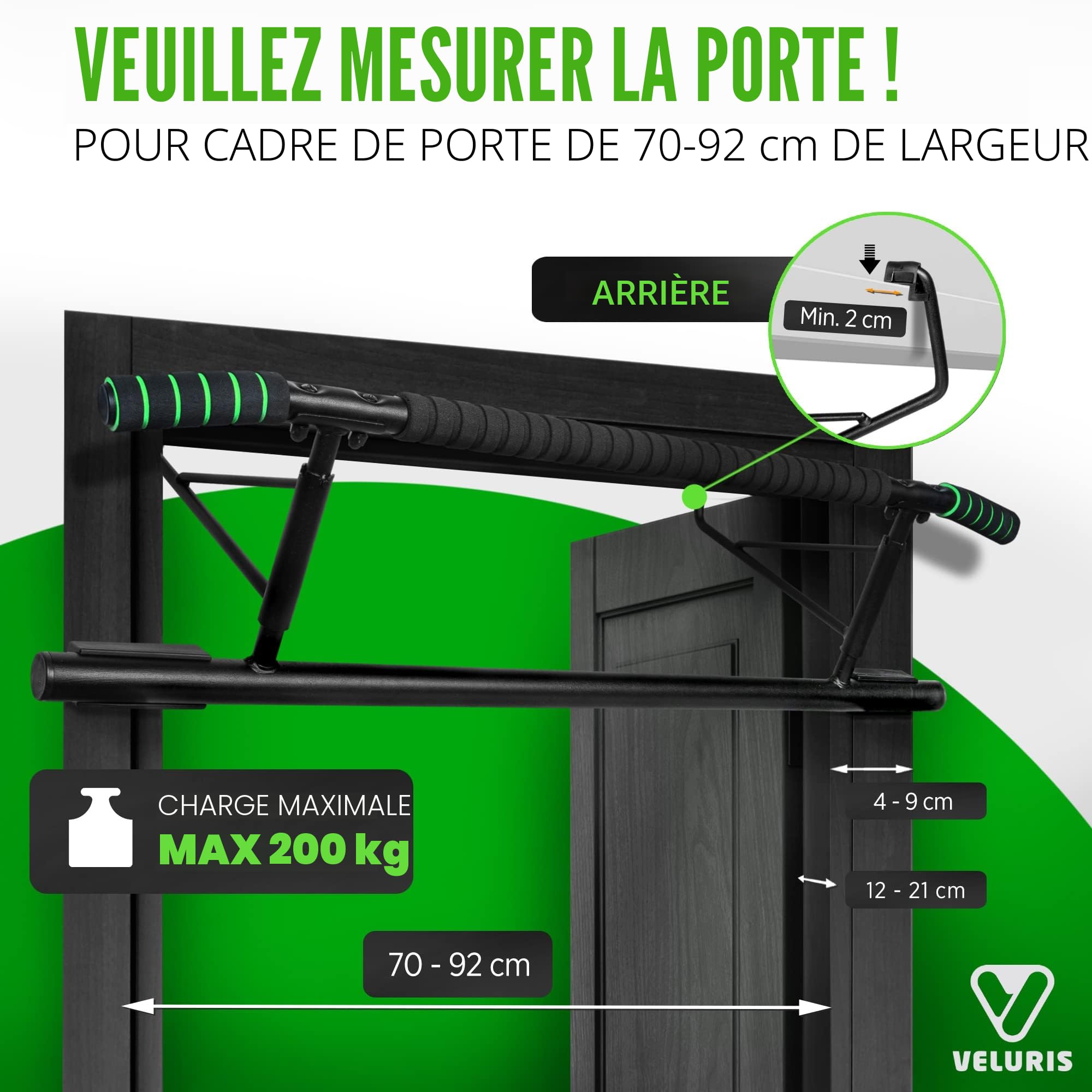 Veluris Barre de traction pour cadre de porte - Barre de traction très résistante [jusqu'à 200 kg] - Barre de porte sans montage - 20 cm plus haut dans le cadre - Également pour dips et push ups