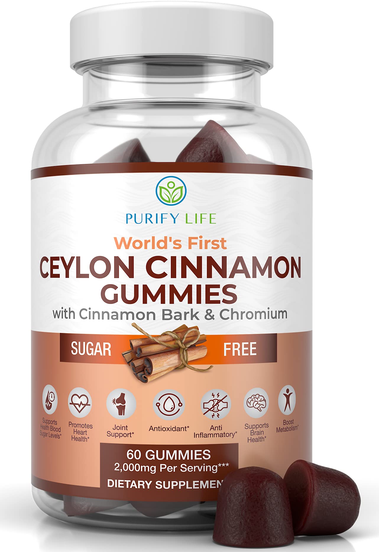 SugarFree Ceylon Cinnamon Gummies (60 Chews 2,000mg/Serving) Ceylon