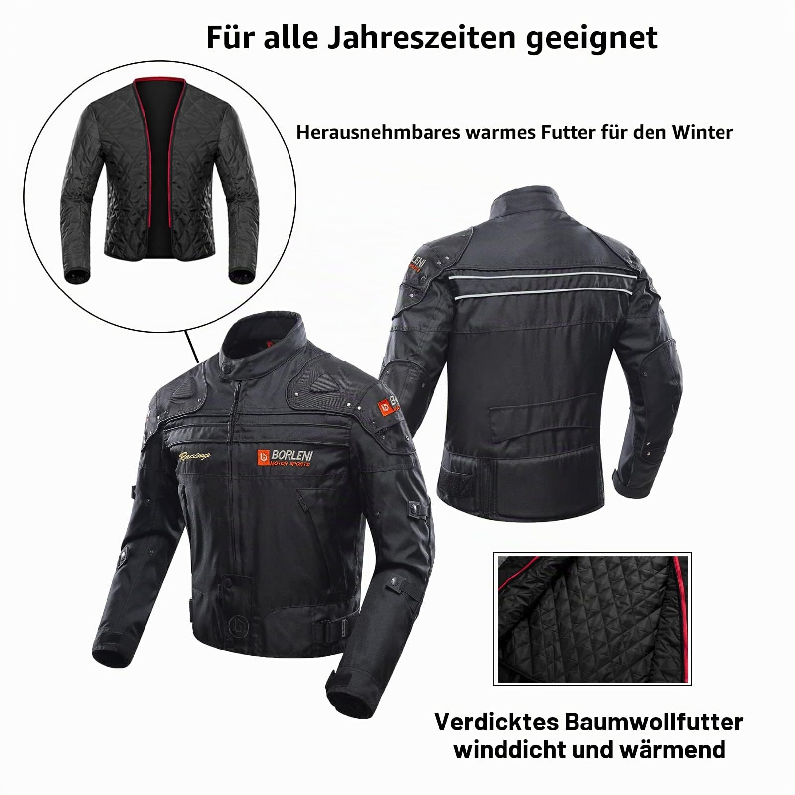 BORLENI Motorradjacke Herren Motorrad Jacke Winddicht mit Protektoren Protektoren Jacke Roller Biker Touren Damen Schwarz XL
