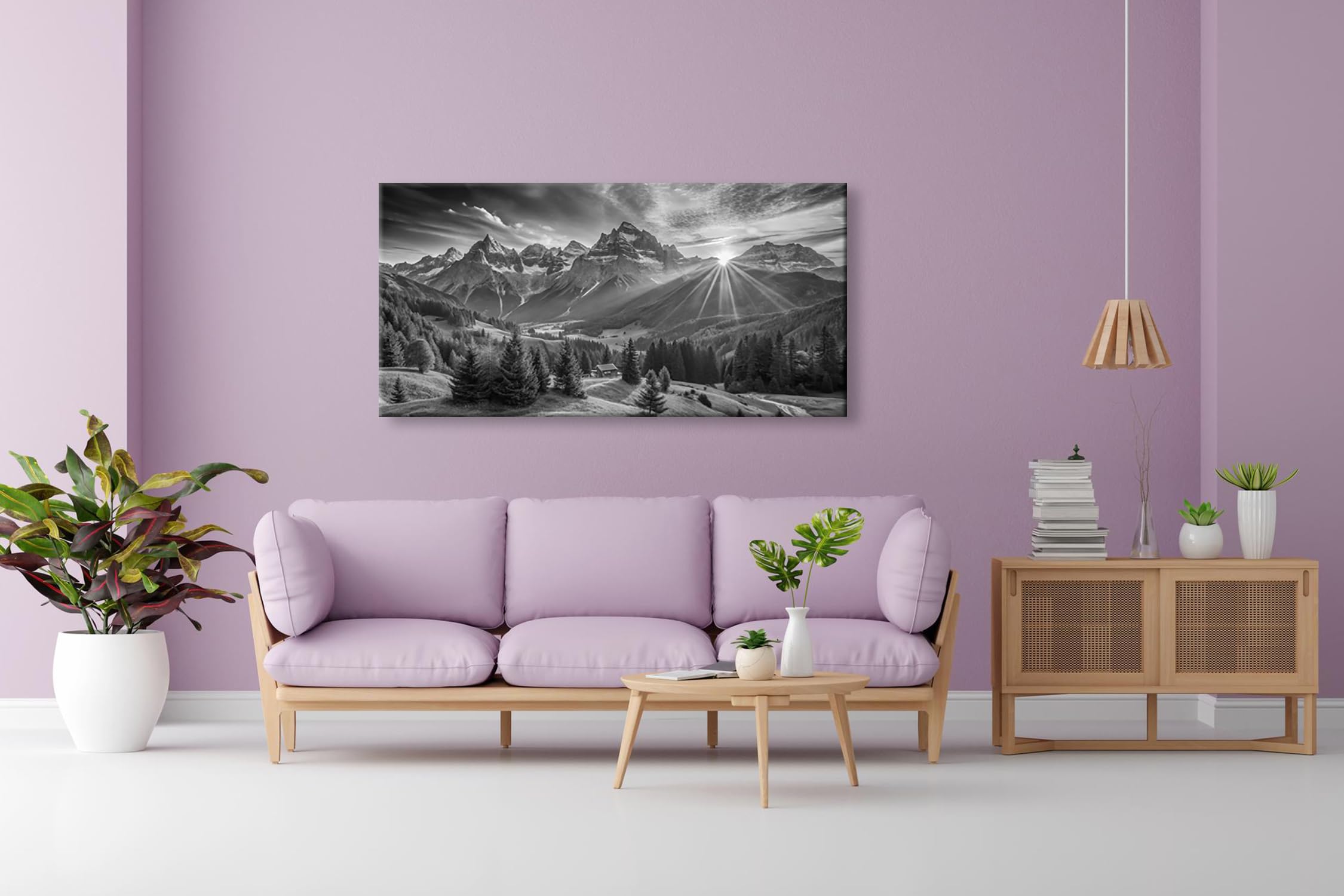 Leinwandbild Sonnenaufgang küsst die majestätischen Alpen Panorama 120x60cm Effekt: Schwarz&Weiß XXL Wandbild auf Keilrahmen/Kunstdruck/Bild Wohnzimmer Dekoration