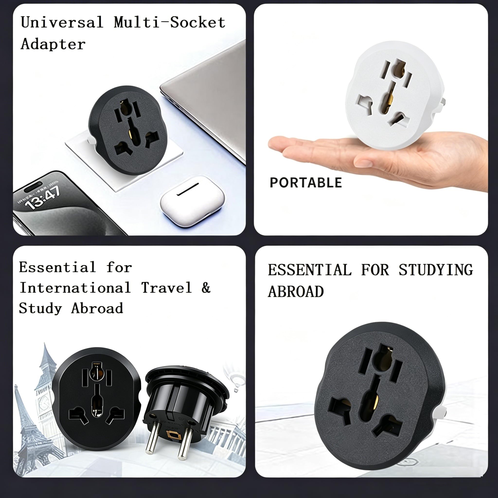 2PACK Adaptateur de Voyage Universel EU, Convertisseur International de Type F/C du Monde vers l'europe, Prise Multi-Fonction 2 Broches pour l'Espagne, la France, UK, USA, US, AUS - 3